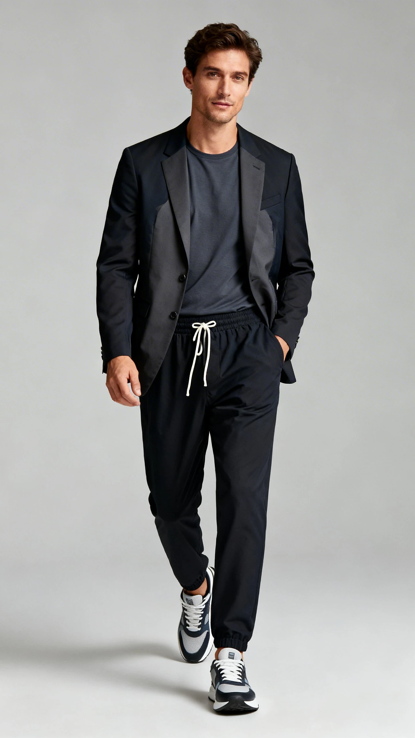 Editorial studio image of a man in a performance blazer layered over a tee with drawstring trousers and modern trainers, neutral gray background, soft lighting, natural walking pose, clean and polished.