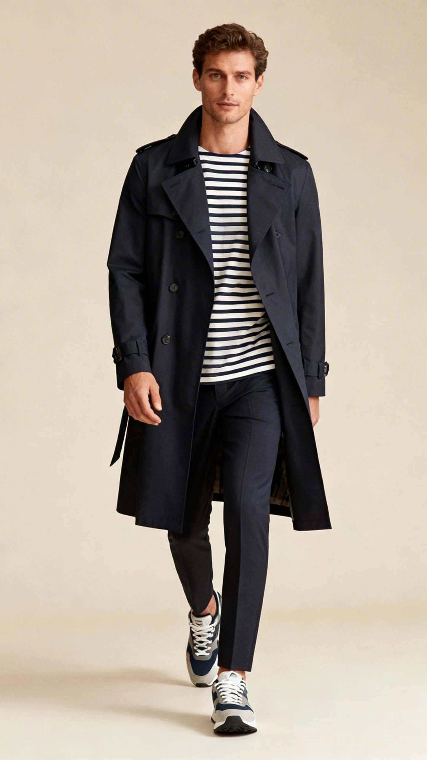 Editorial studio photo of a man wearing a mac coat over a Breton striped top with commuter sneakers and slim trousers, neutral beige background, soft lighting, walking-in-frame angle, clean and polished.