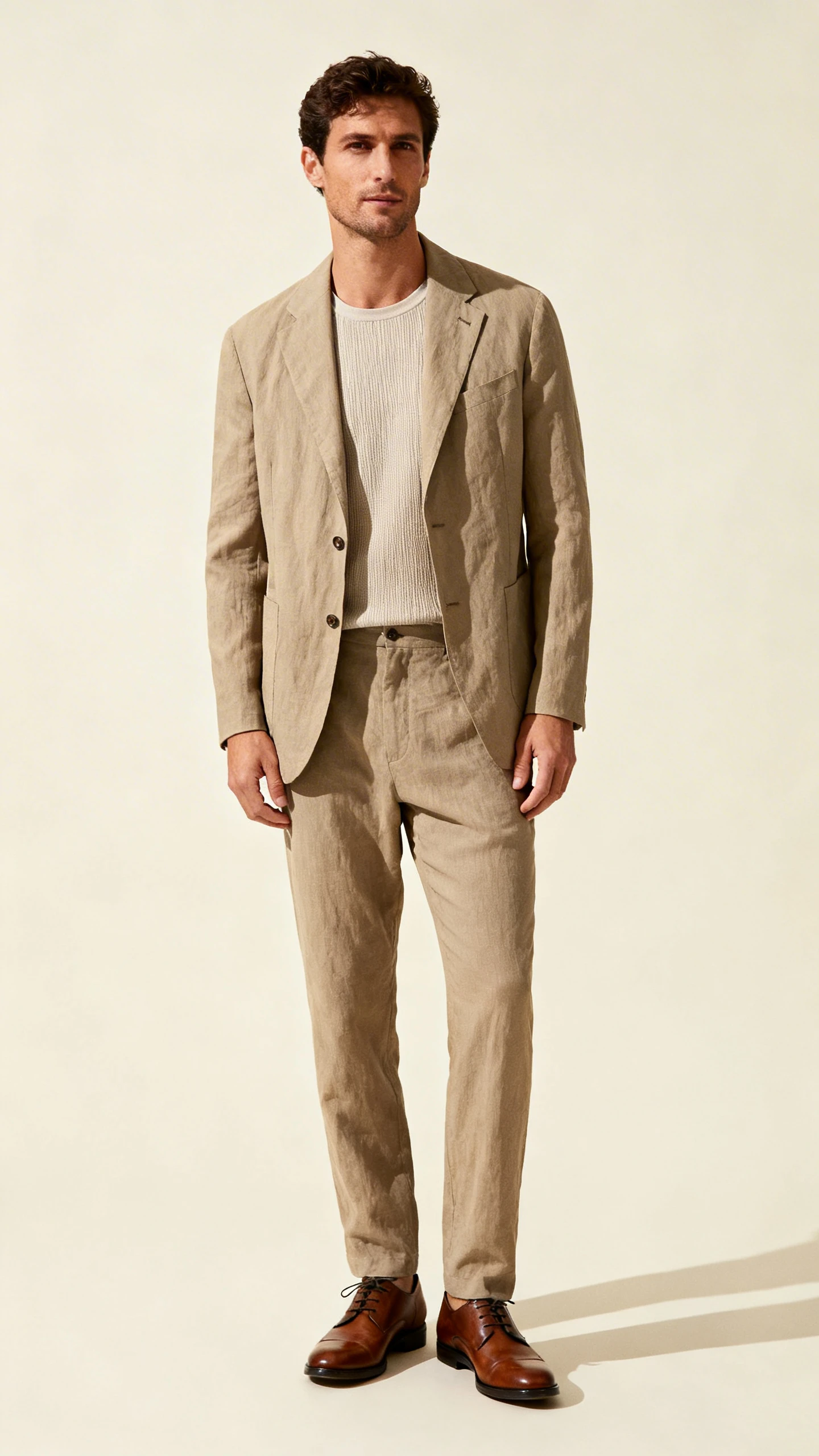 Editorial studio portrait of a man in an unstructured cotton suit with a fine-knit tee and leather derbies, cream background, soft lighting, hands at sides, clean composition, polished.