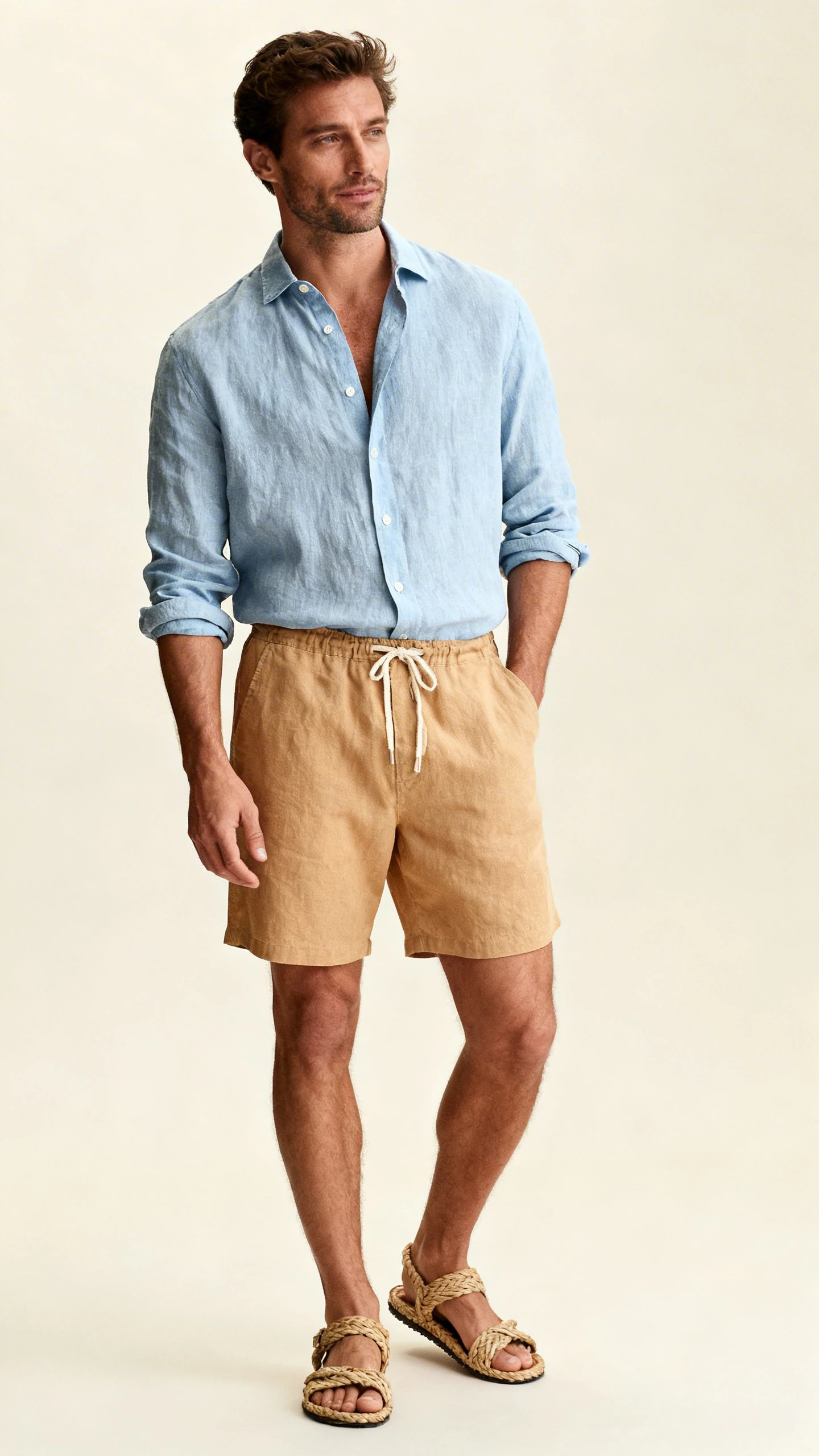 Editorial style photo of a man wearing a light blue linen button-up shirt with sleeves casually rolled and relaxed tan drawstring shorts, paired with woven sandals, cream background, studio lighting, natural stance, clean composition, polished.