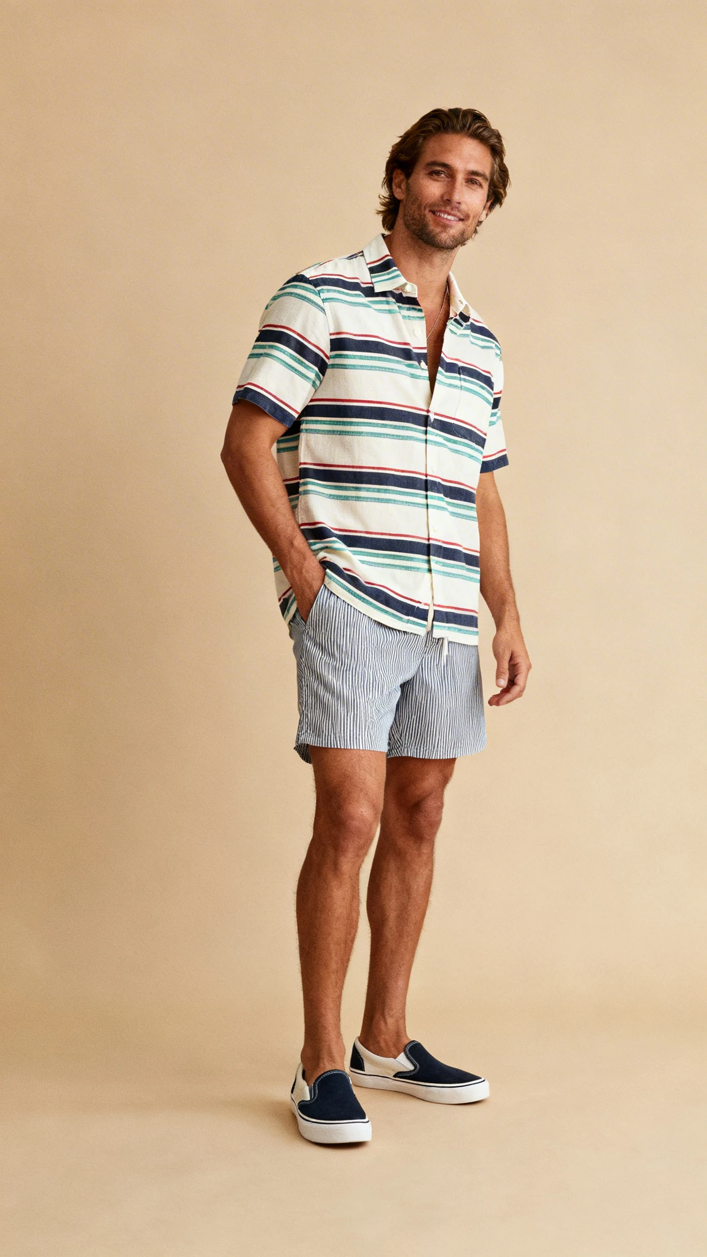Editorial style photo of a man wearing a surf-inspired striped button-down with volley shorts and canvas slip-ons, tan background, soft studio lighting, casual natural pose, clean composition, polished finish.