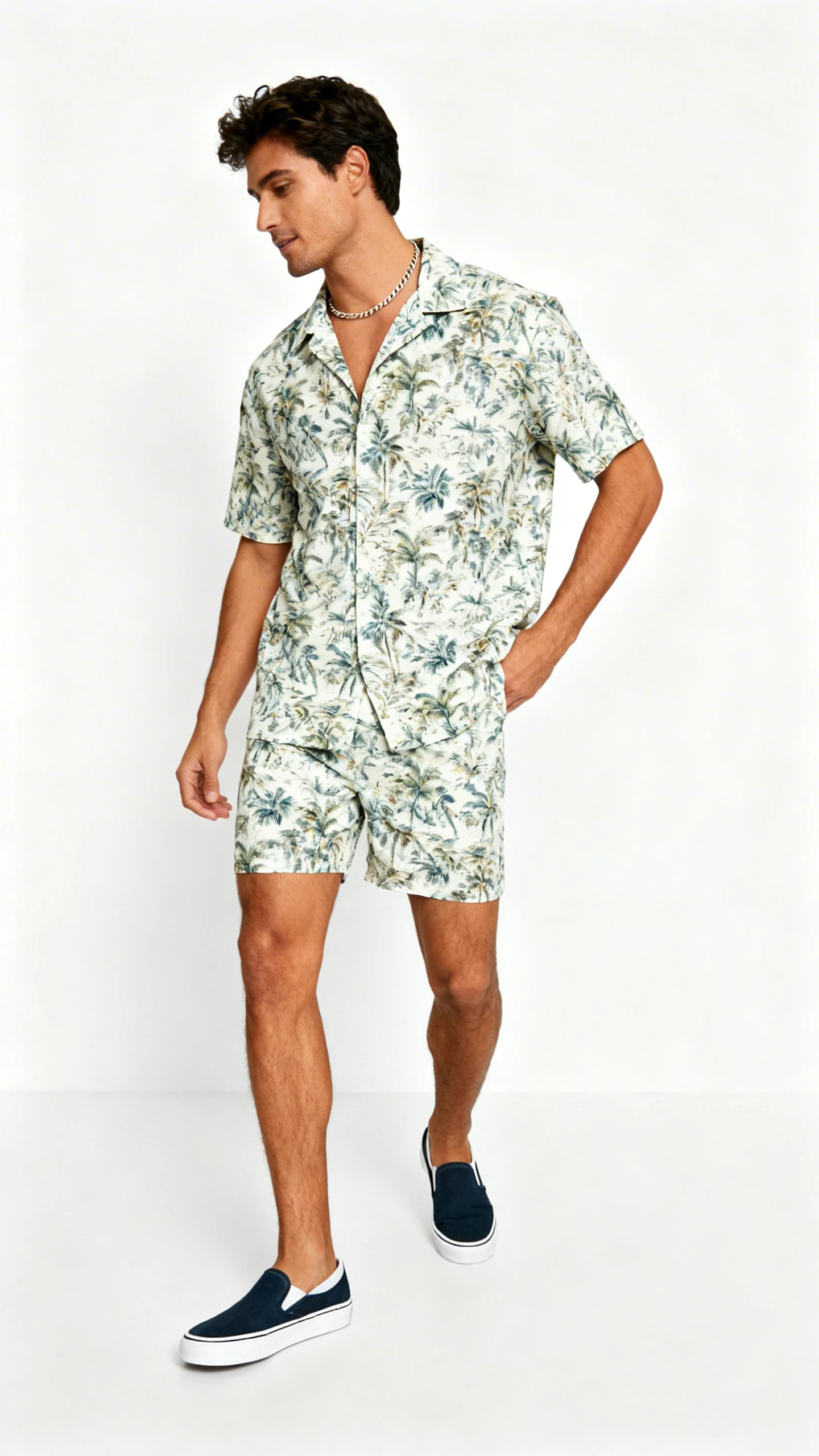Fashion photo of a man wearing a matching printed resort set (short-sleeve camp shirt and coordinating shorts) with simple slip-on sneakers and a slim chain, white background, studio lighting, casual stance, clean composition, editorial quality.