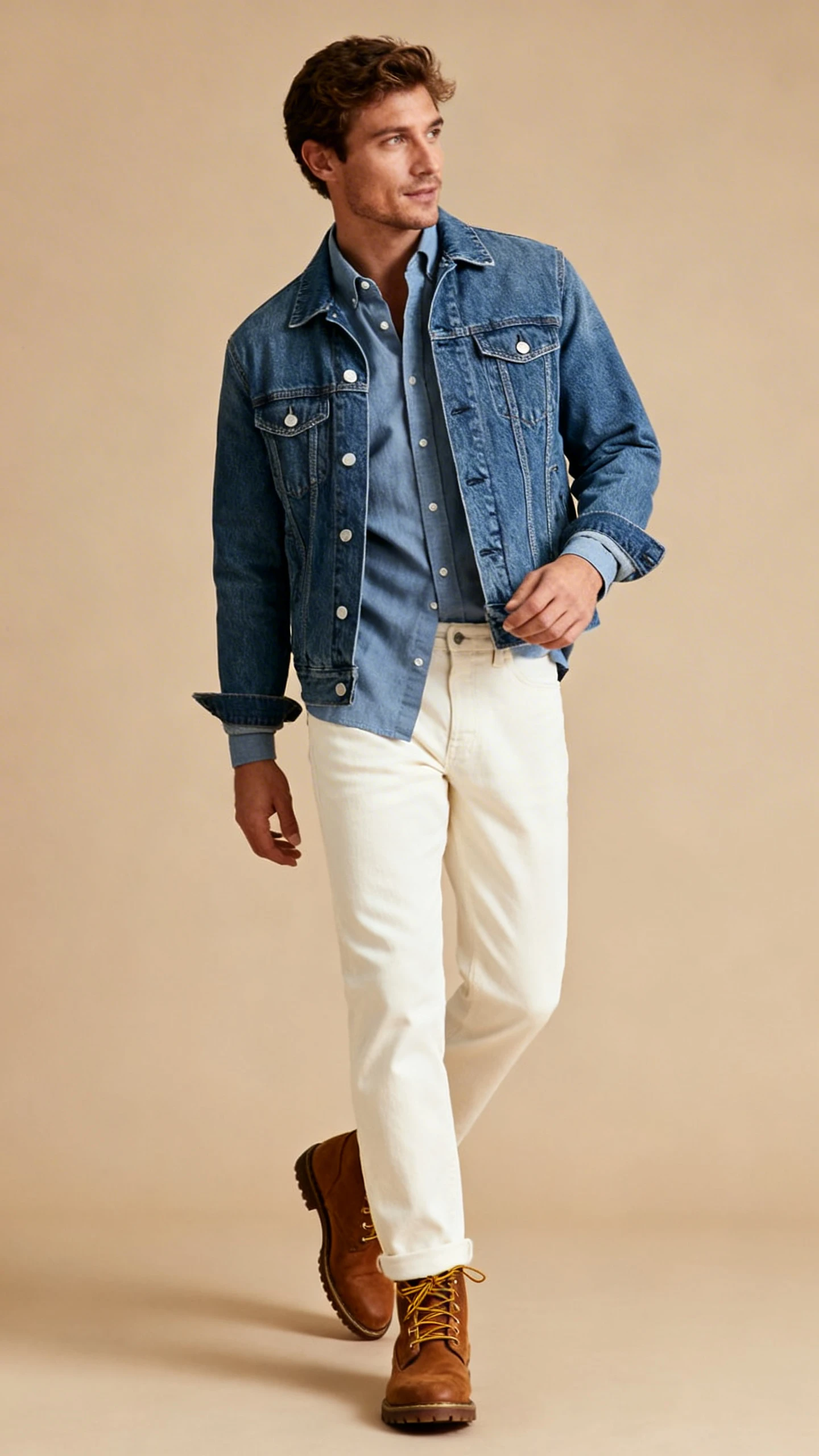 Fashion studio shot of a man wearing a denim jacket over an oxford shirt with off-white jeans and brown boots, tan background, studio lighting, relaxed stance, clean composition, high quality.