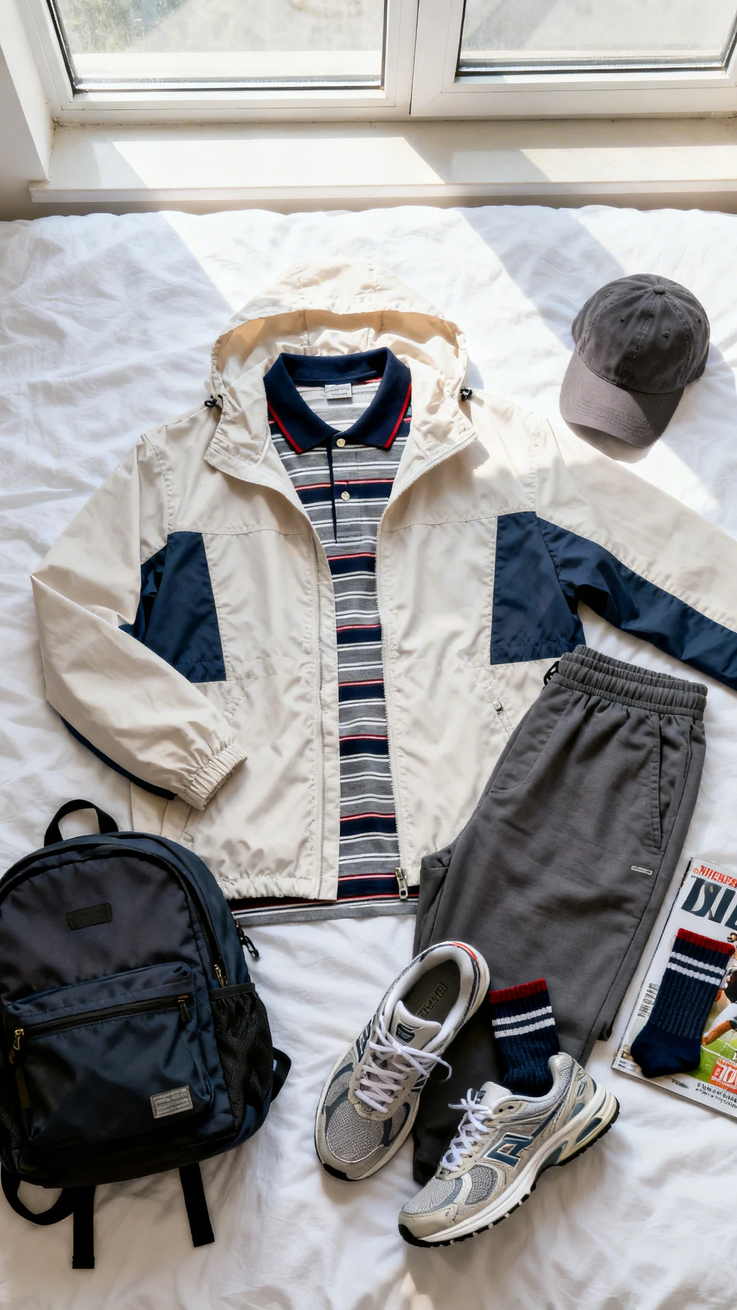 Flat lay overhead of a color-block light windbreaker, striped rugby shirt with contrast collar, tapered cotton joggers in charcoal, retro running sneakers, low-profile cap, athletic socks, and a compact backpack, set on a white bedspread with a sports magazine, bright natural window light, no person visible, organized composition, iPhone photo aesthetic.