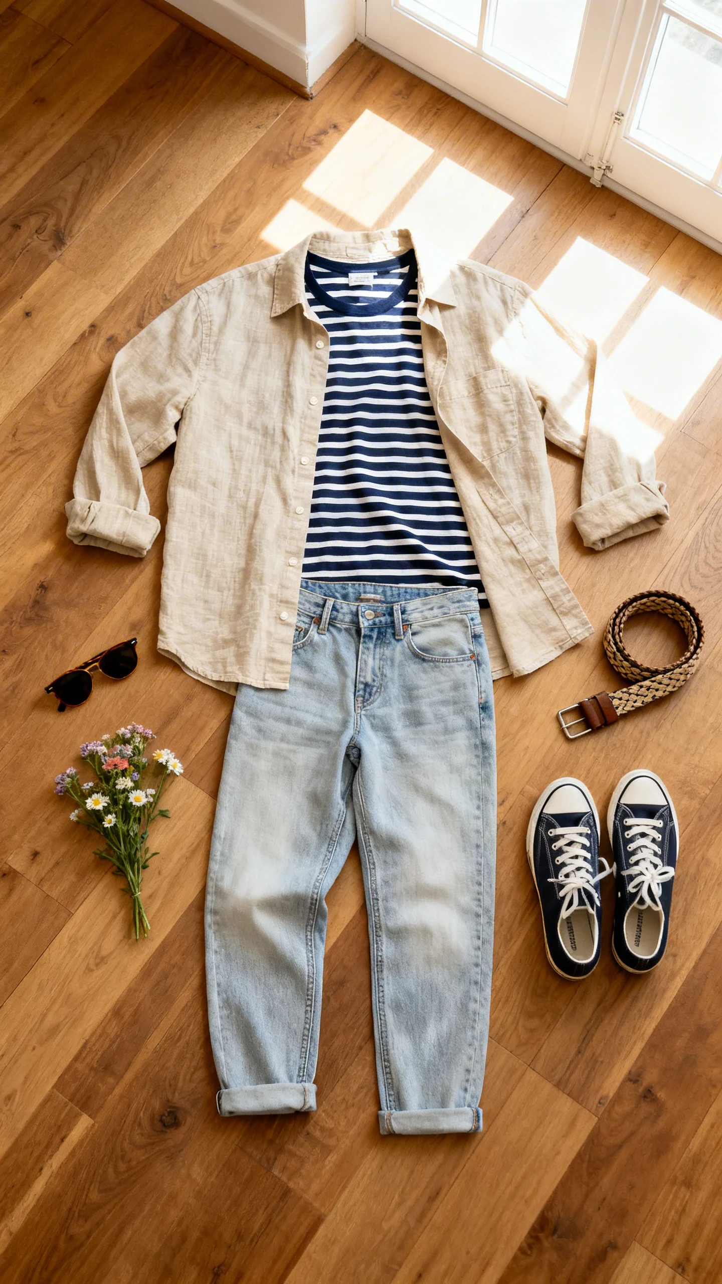 Flat lay overhead of a sand linen overshirt, navy/white Breton striped tee, relaxed-tapered light-wash jeans, canvas low-top sneakers, woven belt, and sunglasses, styled on a wooden floor with a small sprig of flowers, bright natural window light, no person visible, organized composition, iPhone photo aesthetic.