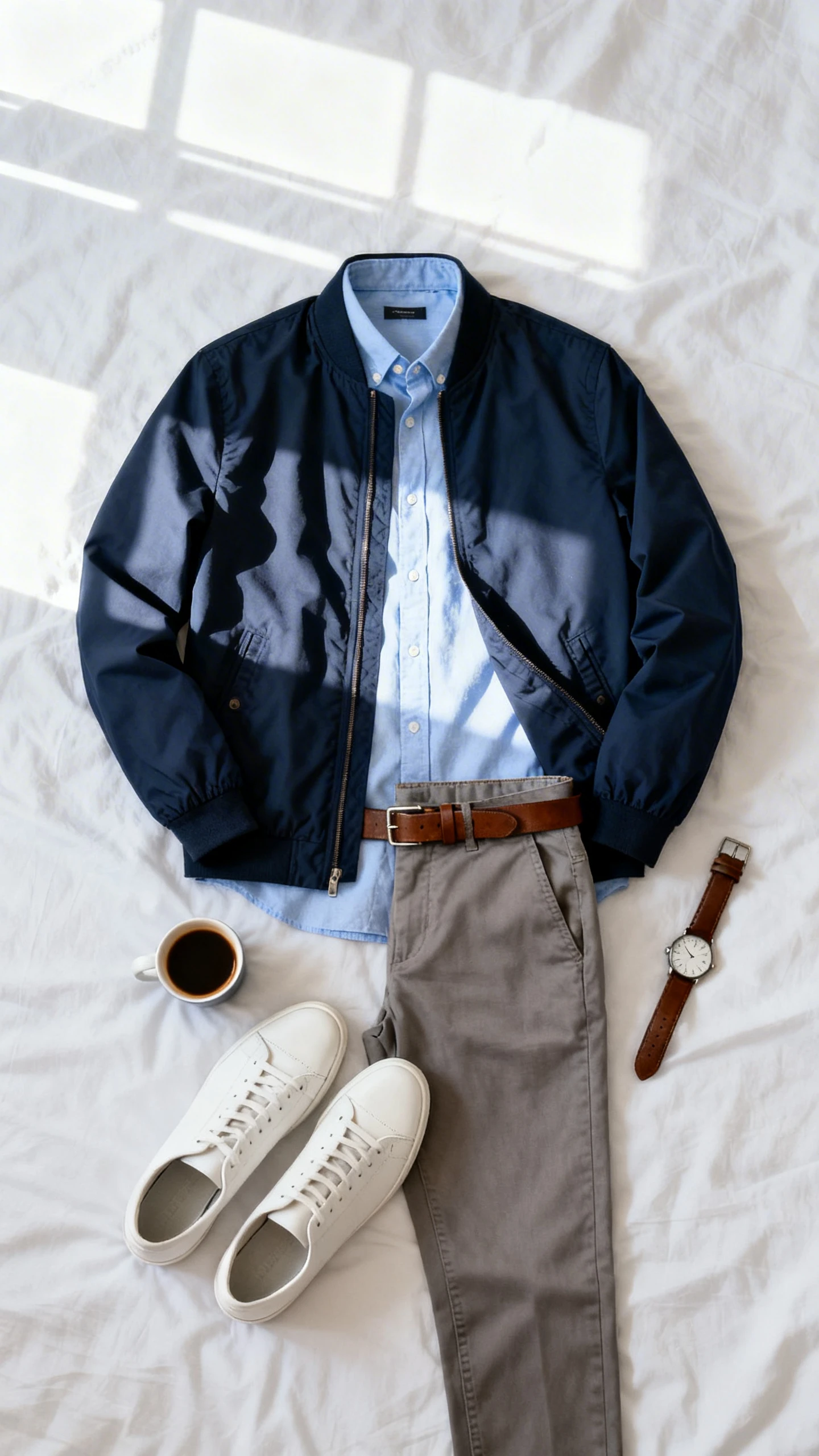 Flat lay overhead view of a navy lightweight Harrington jacket, light blue Oxford button-down, stone slim chinos, minimal white leather sneakers, brown leather belt, and simple watch, arranged on a white bedspread with a small coffee cup as prop, bright natural window light, no person visible, organized composition, iPhone photo aesthetic.
