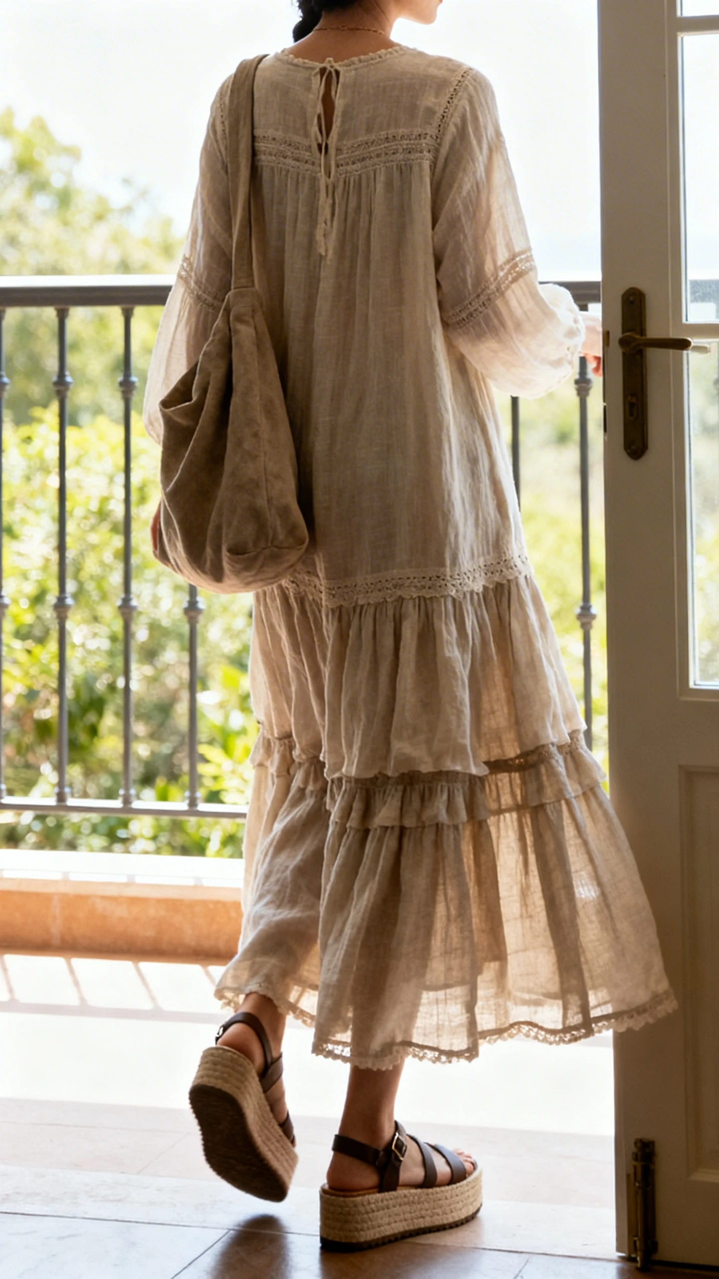 iPhone back view of a woman in an airy boho maxi dress with tiered skirt, chunky platform sandals, and a slouchy shoulder bag, face not visible, walking pose, balcony door light, casual iPhone photo.