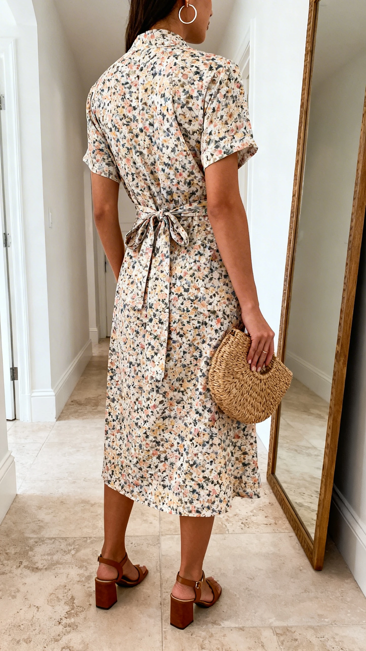 iPhone back view of a woman wearing a floral wrap dress tied at the waist, block-heel sandals, hoop earrings, and a woven clutch in hand, face not visible, hallway full-length mirror, natural daylight, iPhone photo quality