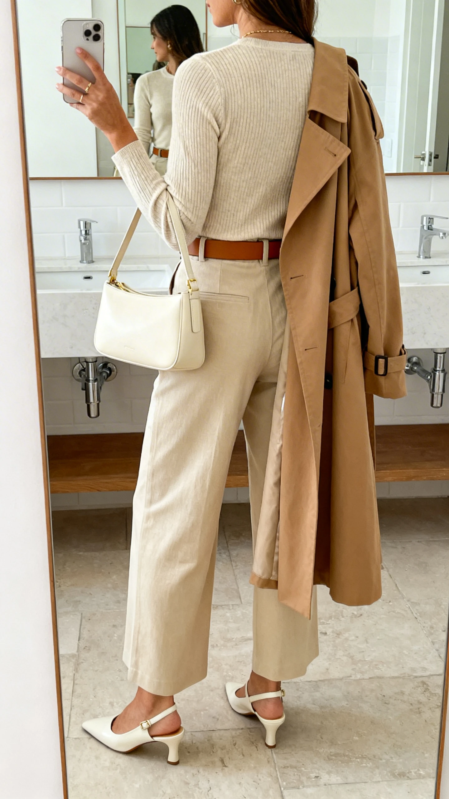 iPhone back-view selfie of a woman in a monochrome neutral look: beige knit top, sand wide-leg trousers, tan belt, camel trench draped over shoulders, cream slingback flats, and a structured cream bag; face not visible, bathroom mirror, bright indoor lighting, iPhone photo quality.