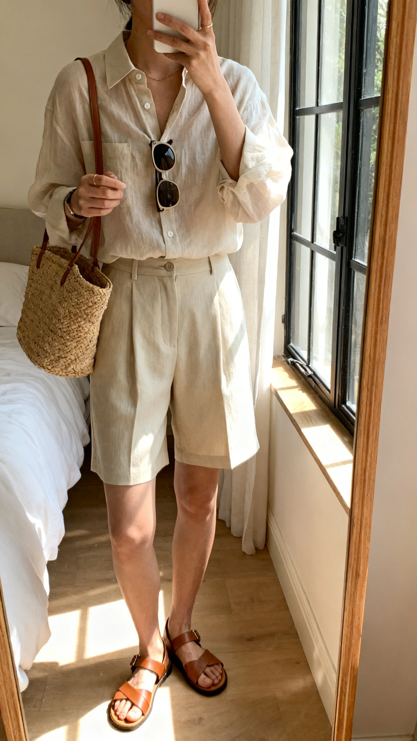 iPhone mirror selfie of a woman in a breezy button-up shirt with matching tailored shorts, leather sandals, straw tote, and oversized sunglasses hooked on the placket; face not visible, full-length mirror, sunlit bedroom near window, iPhone photo quality.