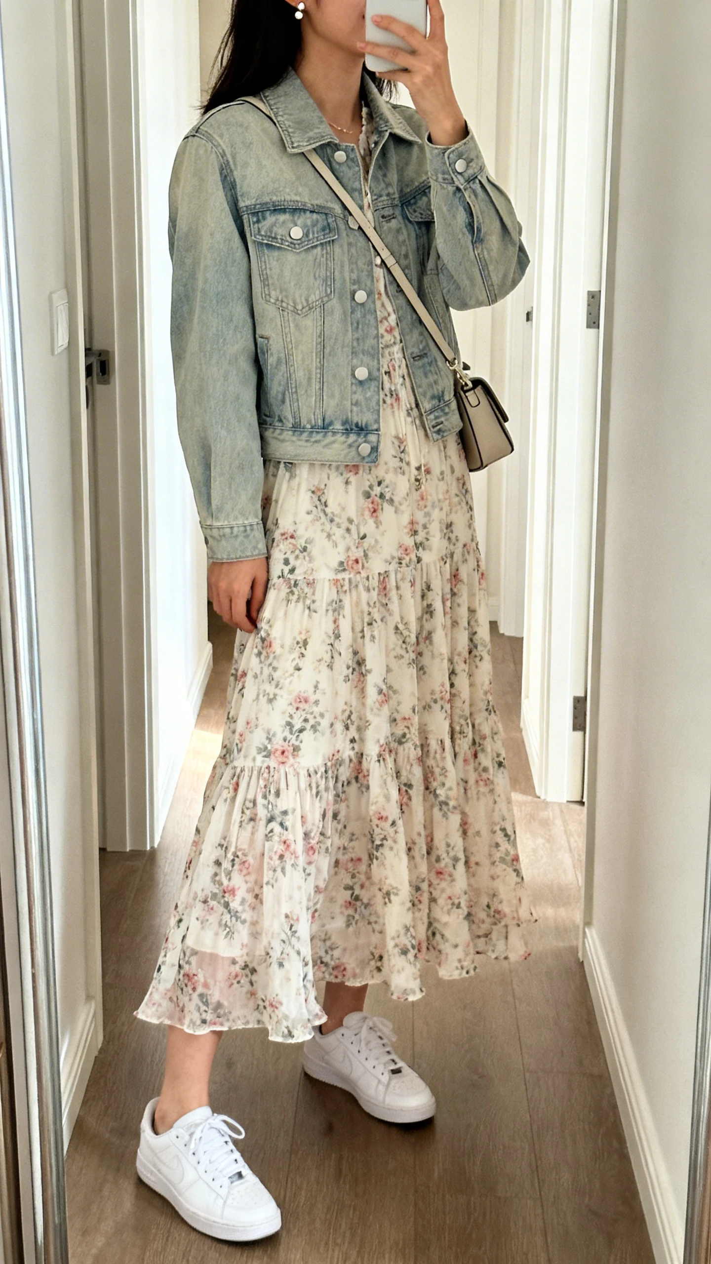 iPhone mirror selfie of a woman in a floaty floral midi dress styled with a light-wash denim jacket, white sneakers, crossbody bag, and simple studs; face not visible, side angle, full-length hallway mirror, soft indoor daylight, iPhone photo quality.