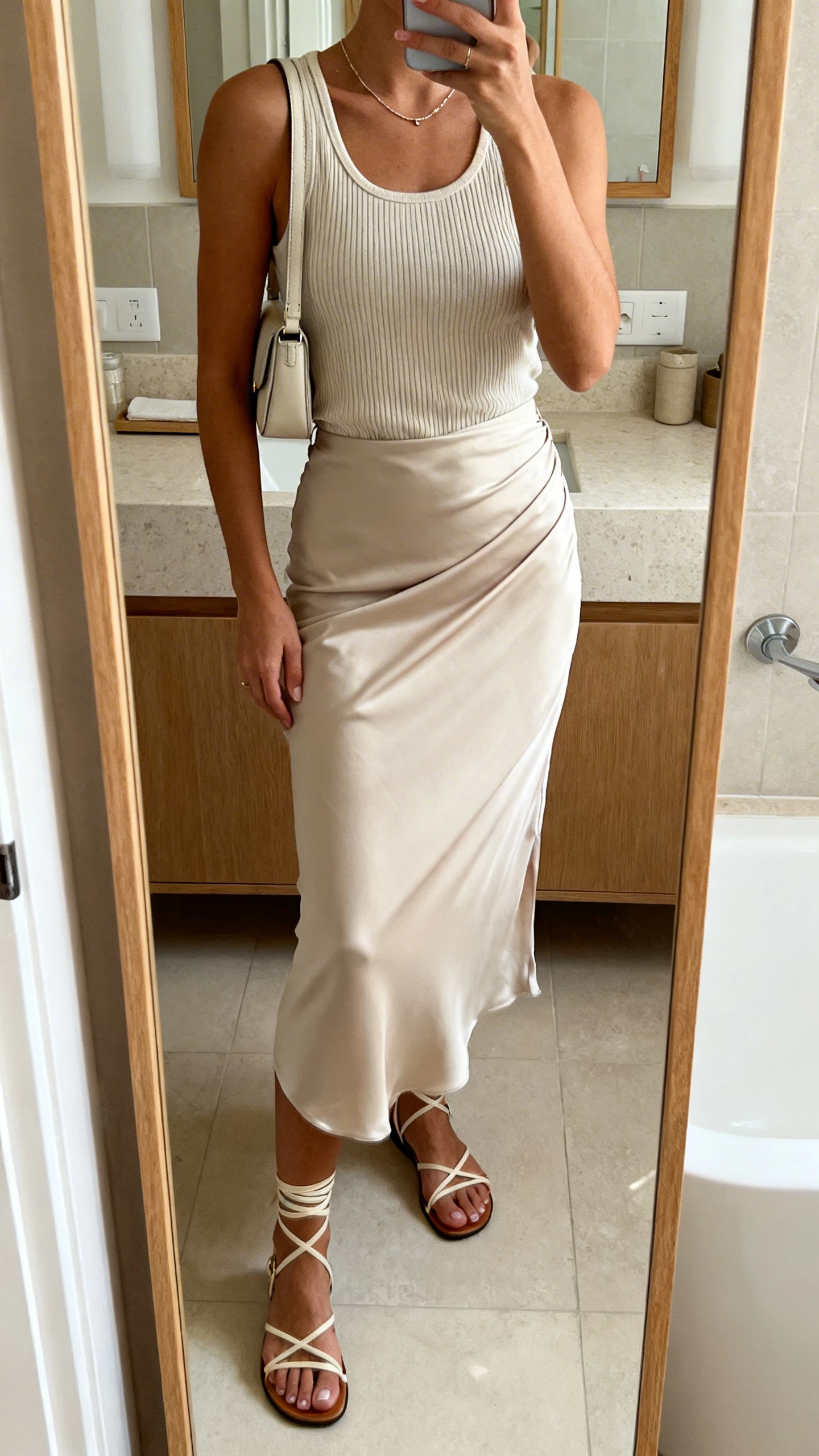 iPhone mirror selfie of a woman in a ribbed tank top tucked into a bias-cut slip skirt with strappy sandals, delicate necklace, and a small shoulder bag, face not visible, bathroom full-length mirror, morning light, iPhone photo quality.