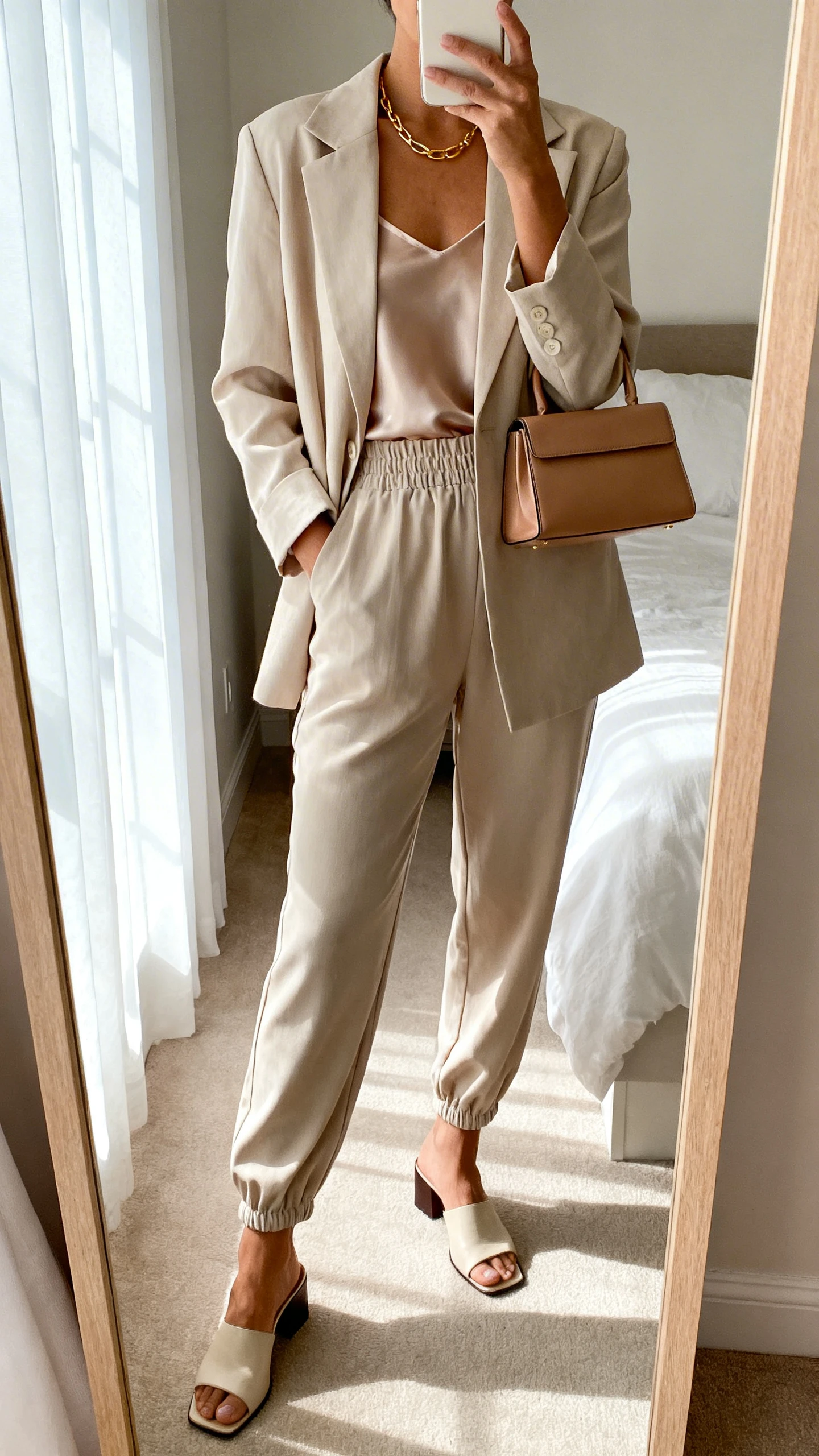 iPhone mirror selfie of a woman in a soft relaxed suit: unstructured blazer with matching elastic-waist trousers, silky camisole, low block-heel mules, slim leather tote, and subtle gold necklace; face not visible, bedroom mirror, gentle window light, iPhone photo quality.