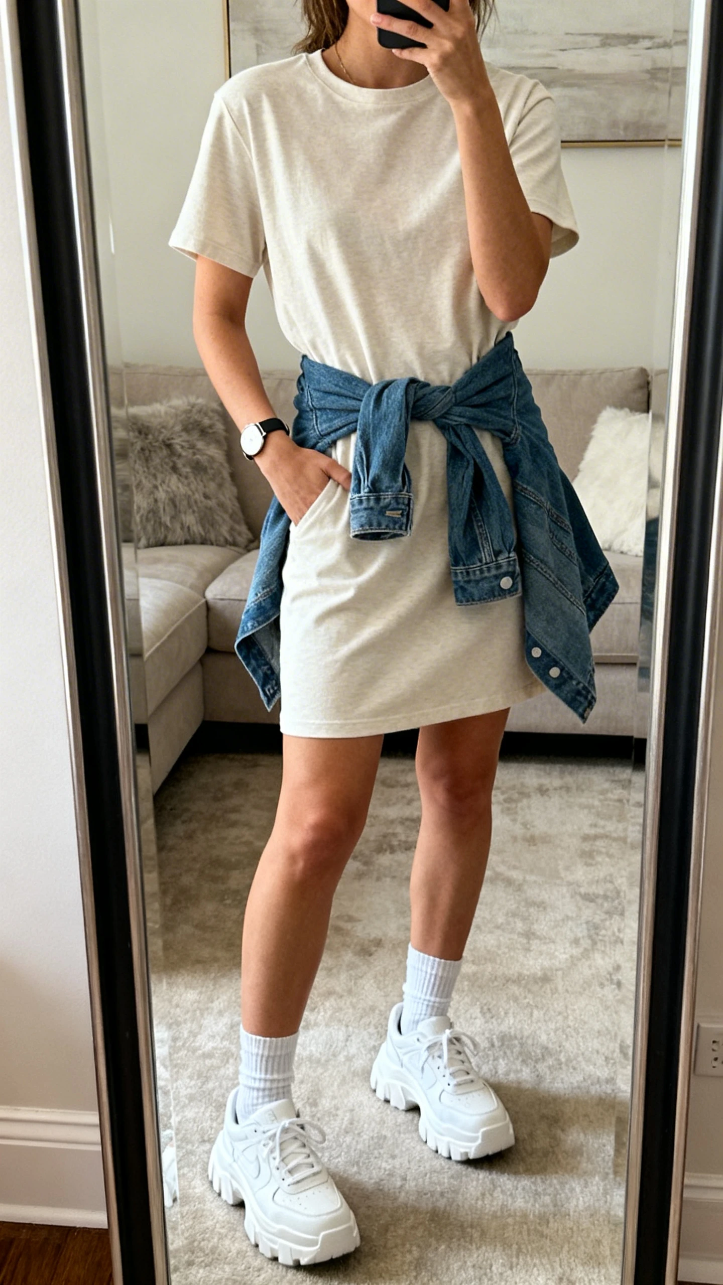 iPhone mirror selfie of a woman in an effortless cotton T-shirt dress with chunky white sneakers, ankle socks, a denim jacket tied at the waist, and a minimalist watch, face not visible, cropped at neck, living room full-length mirror, natural indoor light, iPhone photo quality.