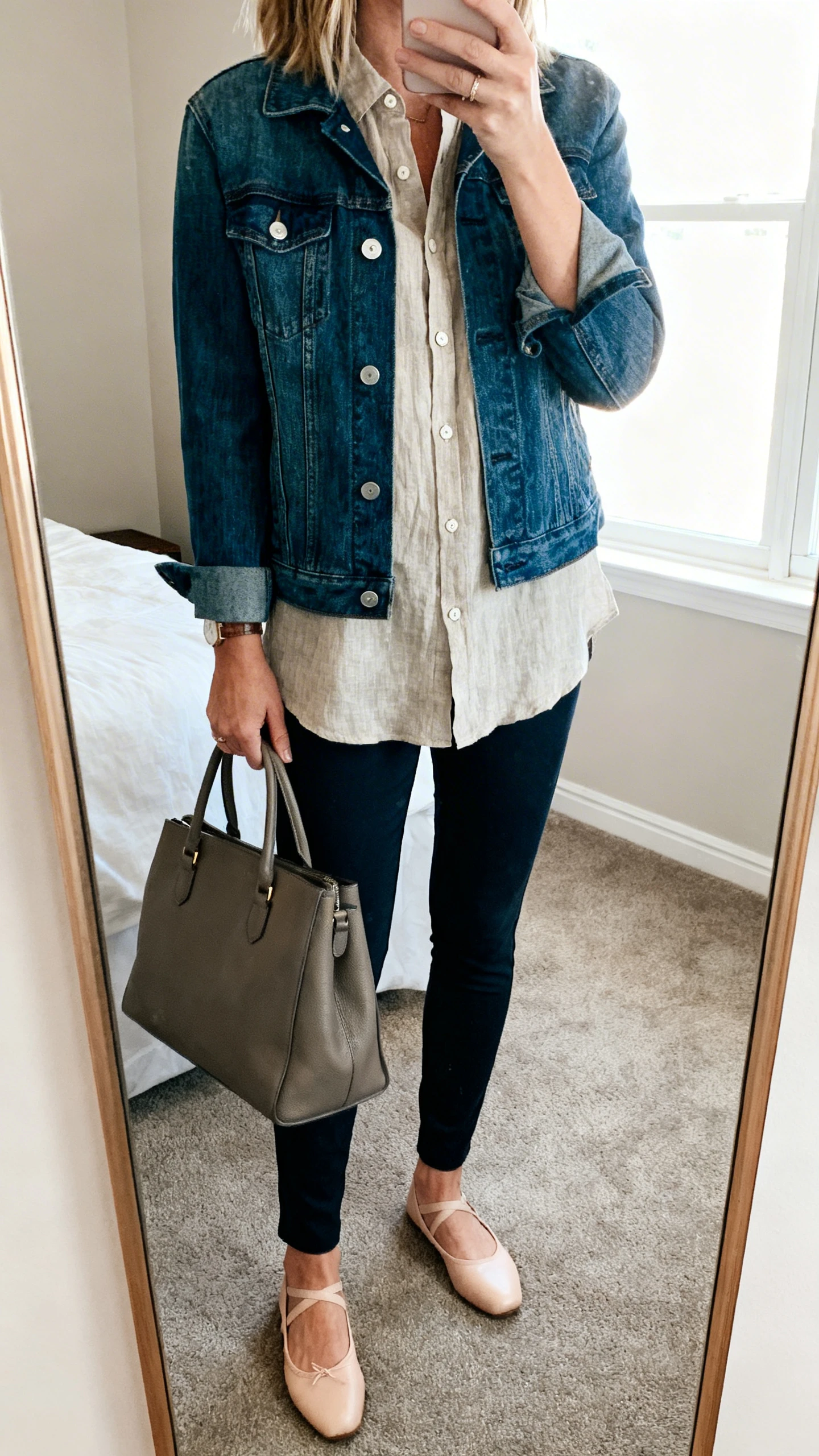 iPhone mirror selfie of a woman wearing a classic denim jacket layered over a linen button-down shirt with slim ankle pants, ballet flats, and a structured tote, face not visible, cropped at shoulders, bedroom mirror, bright window light, iPhone photo quality