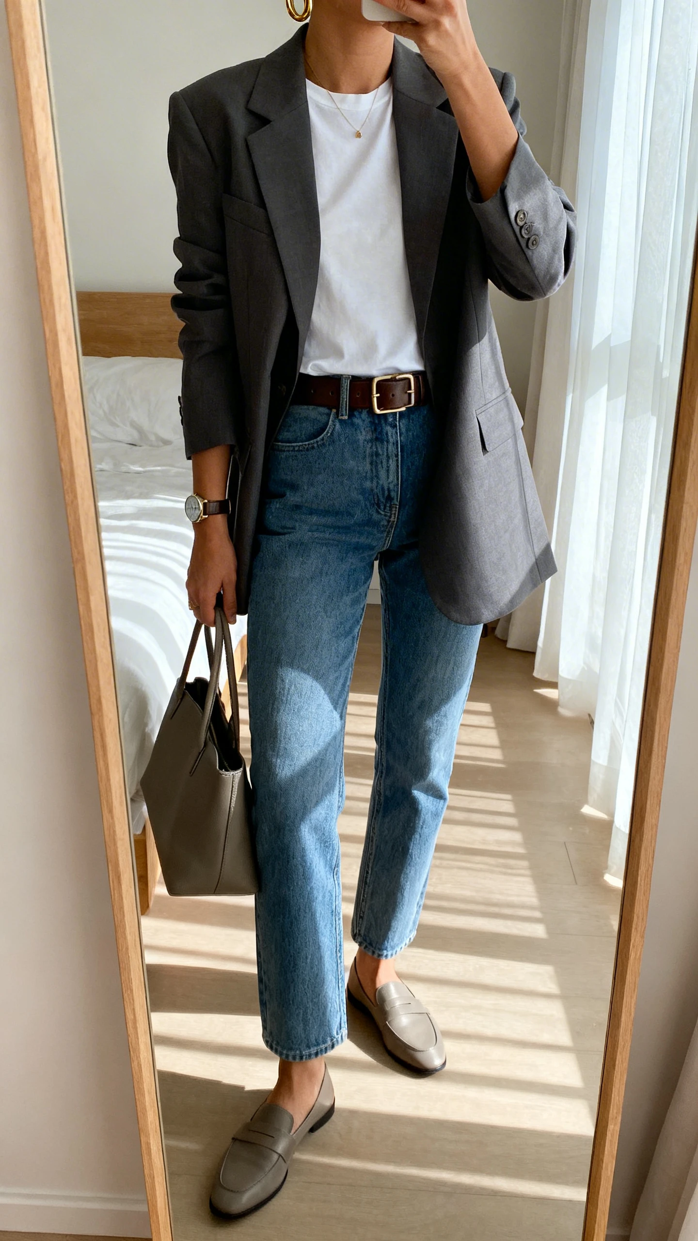 iPhone mirror selfie of a woman wearing a crisp tailored blazer over a classic white tee, straight-leg jeans, sleek leather belt, minimalist loafers, structured tote, delicate gold hoops and watch; face not visible, cropped at neck, bedroom mirror with natural morning window light, iPhone photo quality.