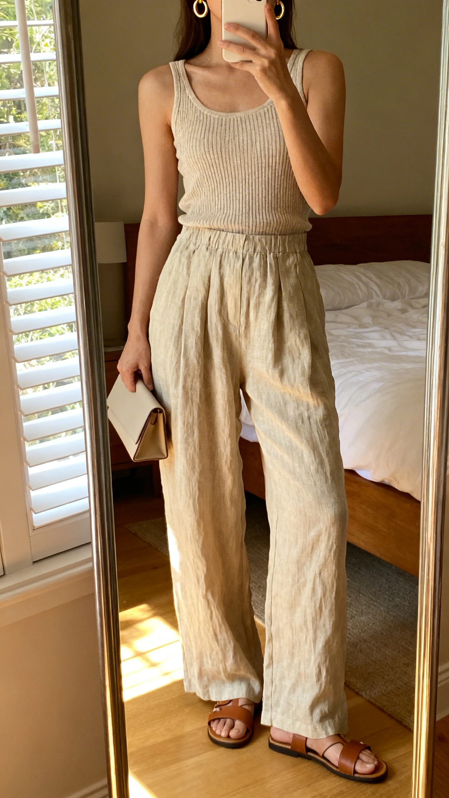 iPhone mirror selfie of a woman wearing a fine-knit tank paired with wide-leg linen trousers, simple leather sandals, gold hoop earrings, and a minimalist clutch, face not visible, cropped at neck, bedroom mirror, afternoon window light, iPhone photo quality.
