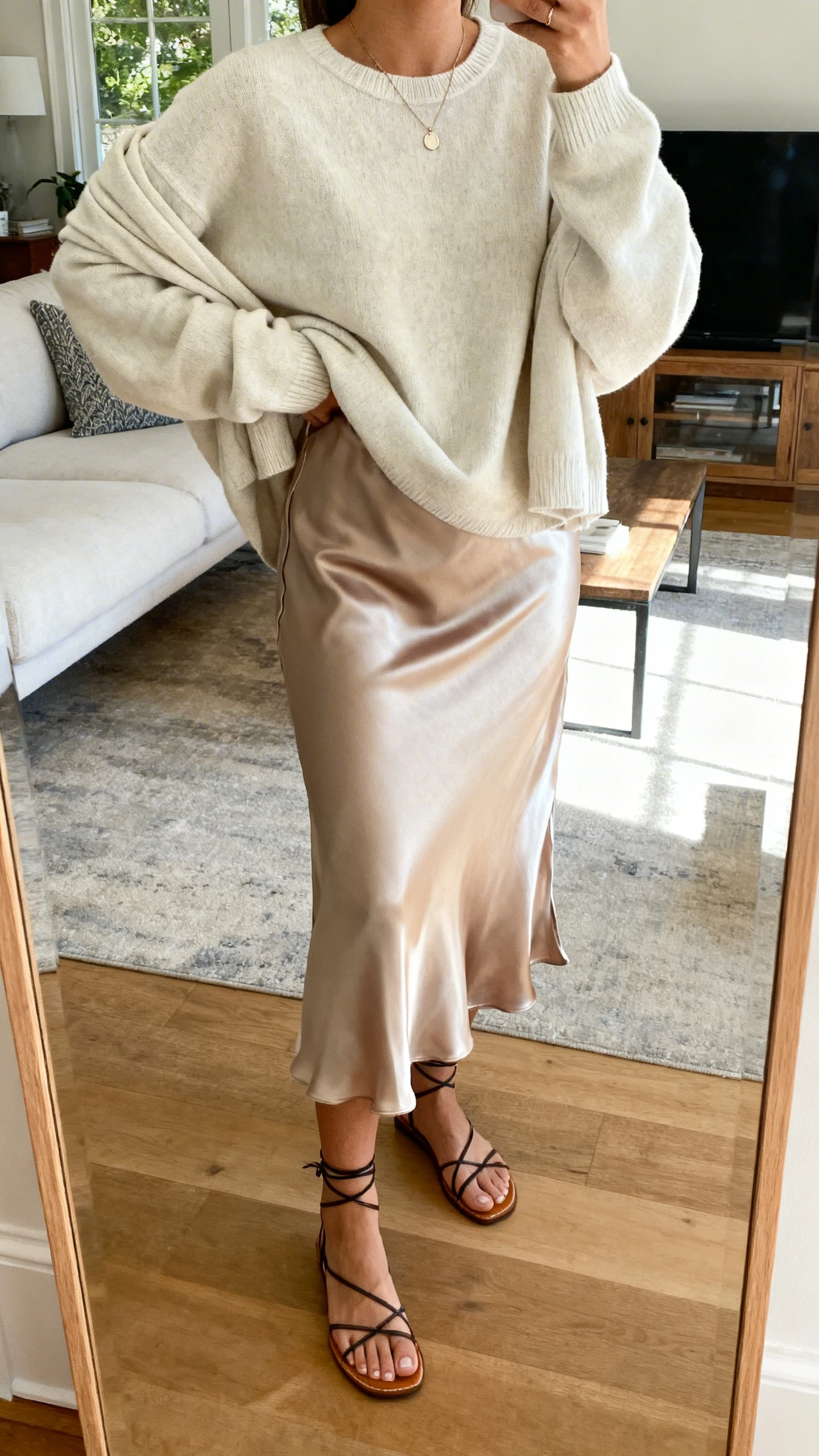 iPhone mirror selfie of a woman wearing a light crewneck sweater tossed over a satin slip dress with ankle-strap sandals and a delicate pendant, face not visible, cropped at neck, full-length mirror in living room, soft afternoon light, iPhone photo quality