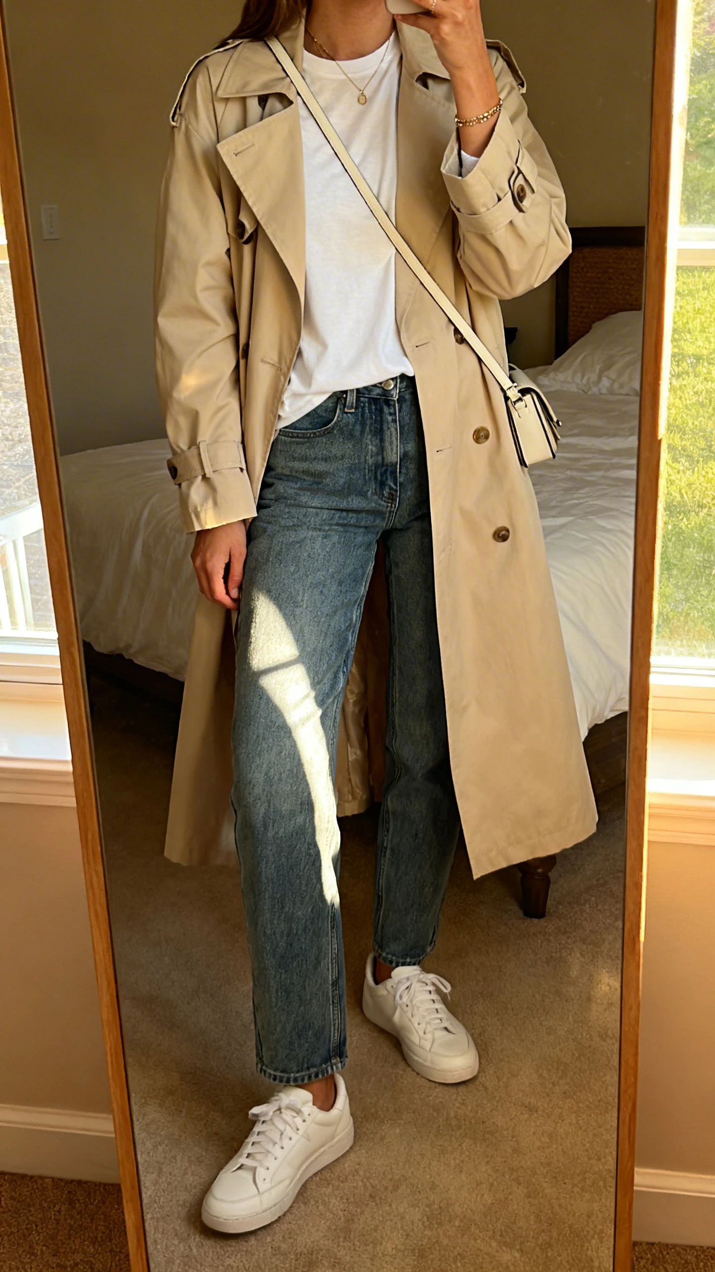 iPhone mirror selfie of a woman wearing a lightweight beige trench coat over a white crewneck tee, straight-leg jeans, white sneakers, simple crossbody bag, and minimal jewelry, face not visible, cropped at neck, bedroom mirror, morning window light, iPhone photo quality