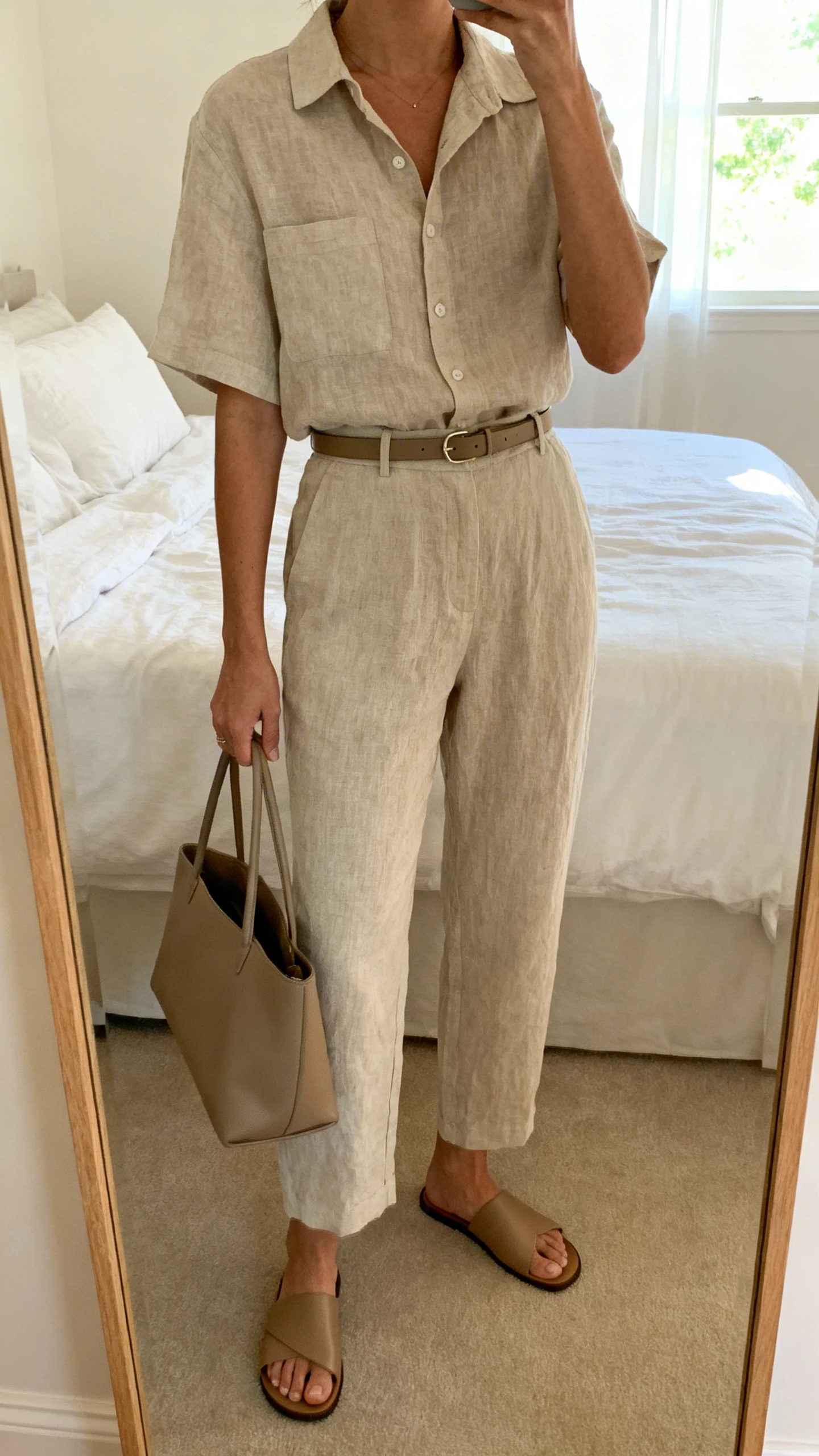 iPhone mirror selfie of a woman wearing a matching linen set (short-sleeve button-up shirt and high-waisted linen trousers) with minimalist leather slides, slim belt, and a structured tote, face not visible, cropped at neck, bedroom mirror, natural window light, iPhone photo quality.