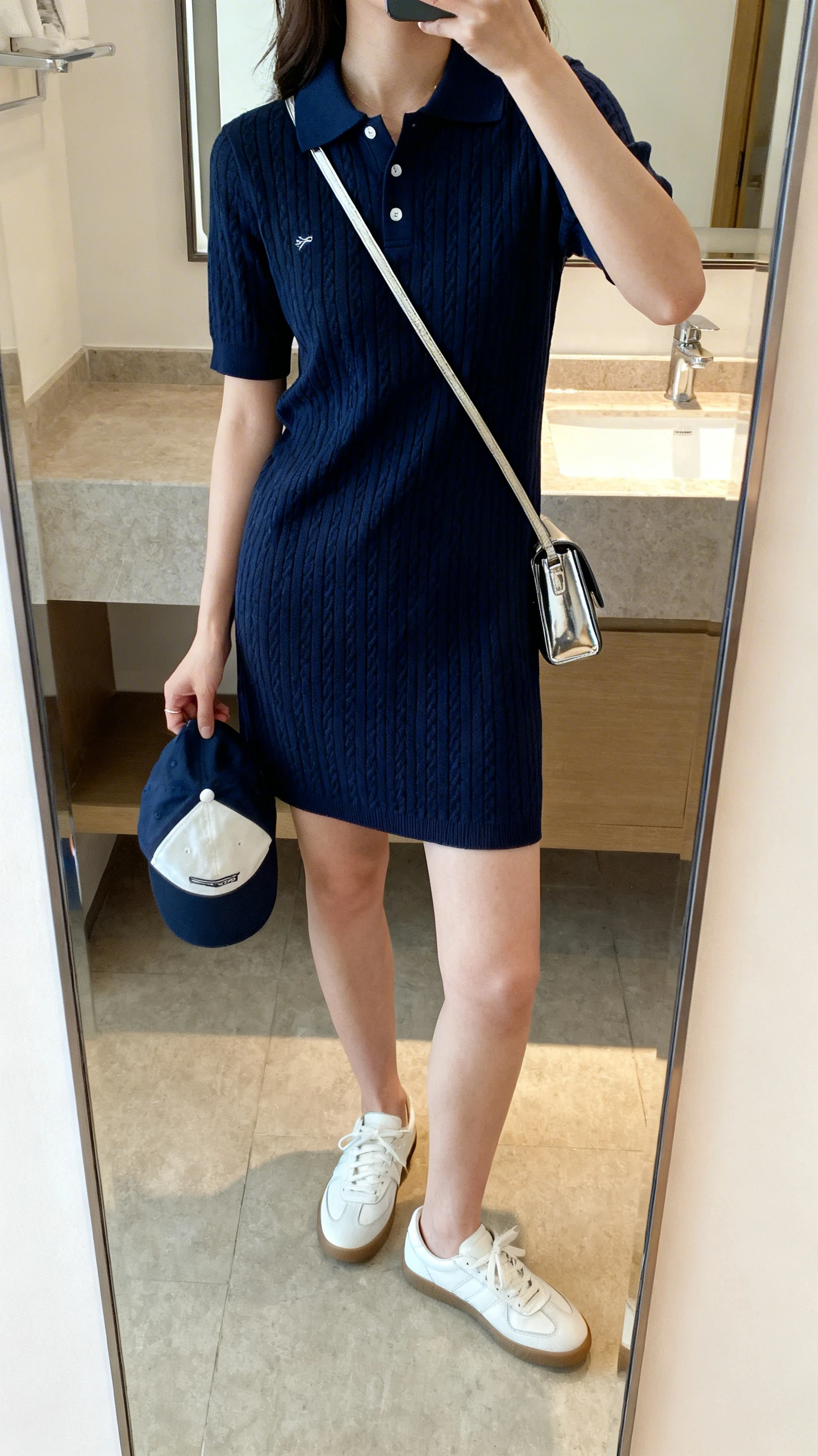 iPhone mirror selfie of a woman wearing a navy knit polo dress with a collar and short sleeves, white leather sneakers, a sporty cap in hand, and a sleek crossbody bag, face not visible, bathroom mirror, soft indoor lighting, iPhone photo quality