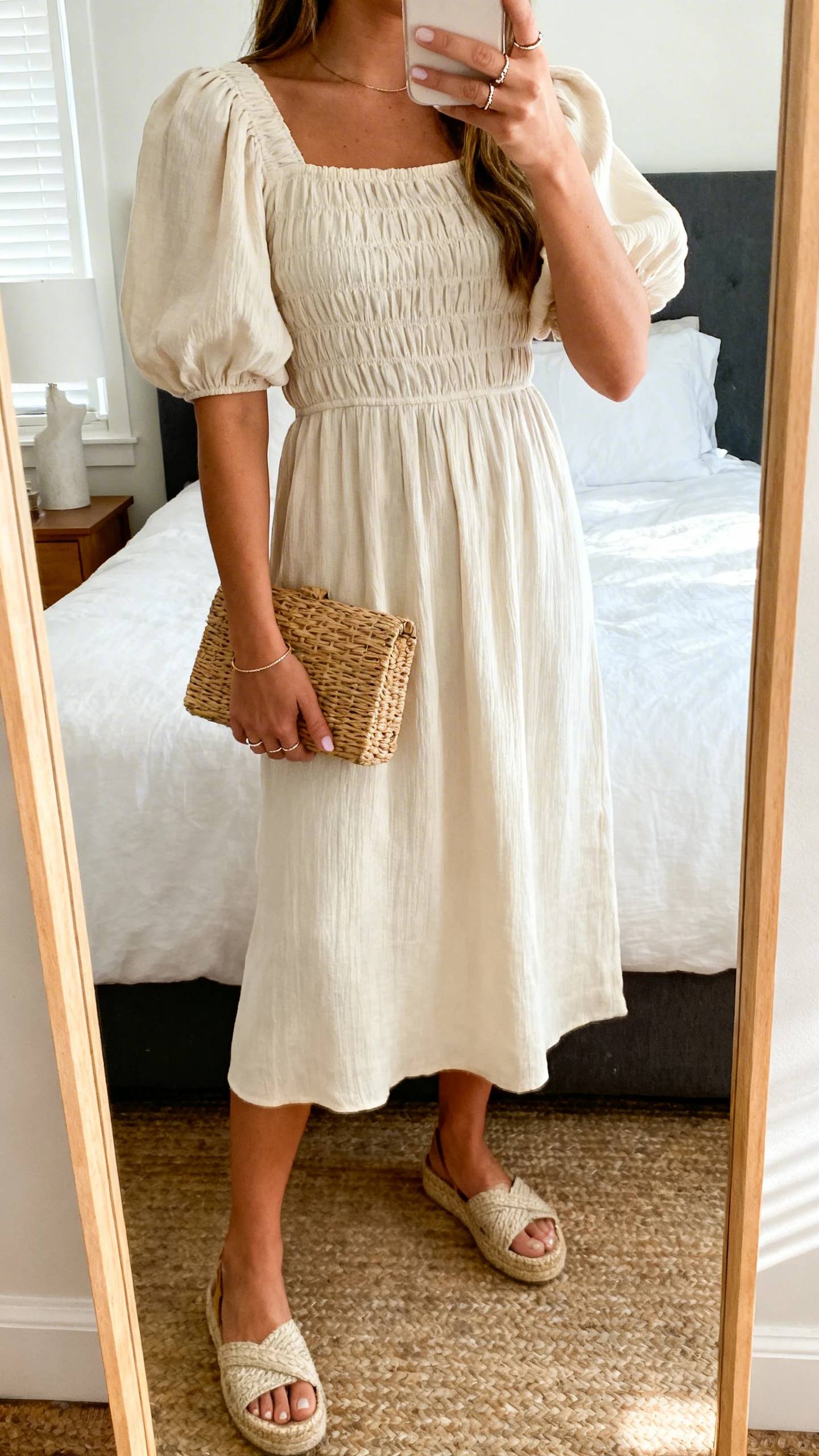 iPhone mirror selfie of a woman wearing a smocked midi dress with puff sleeves, espadrille wedges, a wicker clutch, and dainty rings, face not visible, cropped at shoulders, bedroom mirror, gentle morning light, iPhone photo quality.