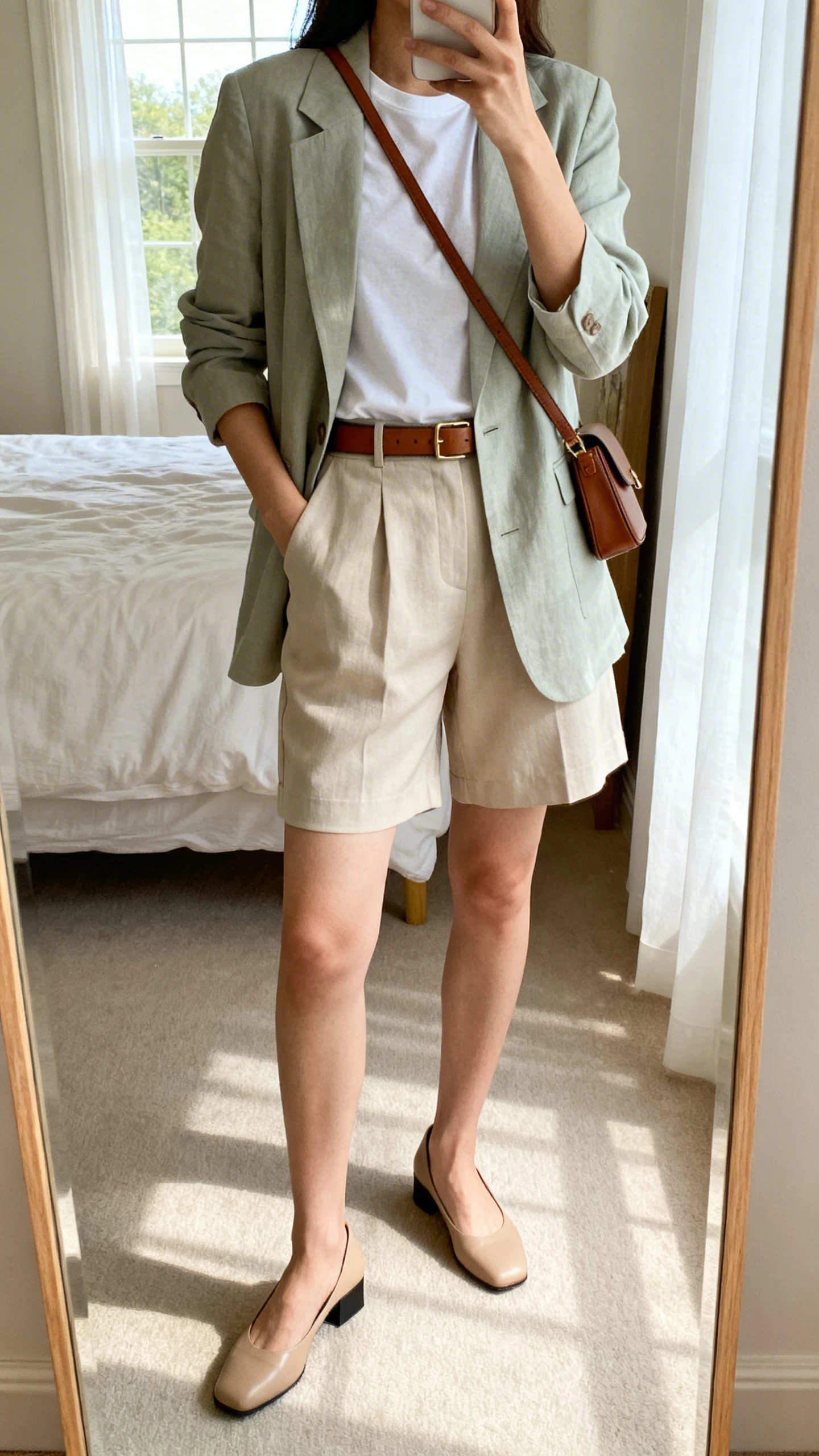 iPhone mirror selfie of a woman wearing a soft blazer over a tee with tailored shorts, low block heels, slim leather belt, and crossbody bag, face not visible, cropped at shoulders, bedroom mirror, natural window light, iPhone photo quality
