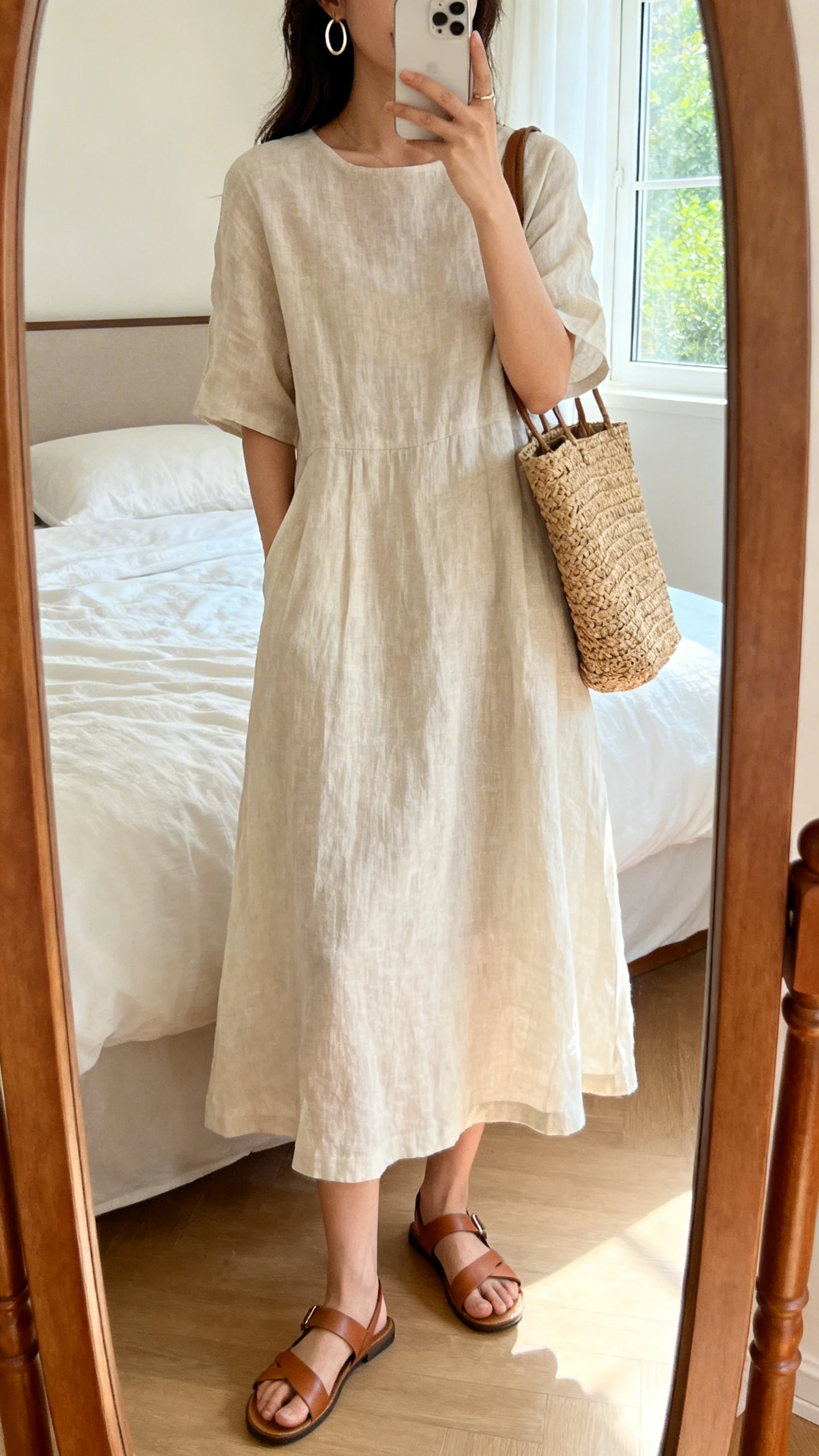 iPhone mirror selfie of a woman wearing an airy linen midi dress with a relaxed A-line cut, minimal leather sandals, a woven tote, and simple hoop earrings, face not visible, cropped at neck, bedroom mirror, soft morning window light, iPhone photo quality.