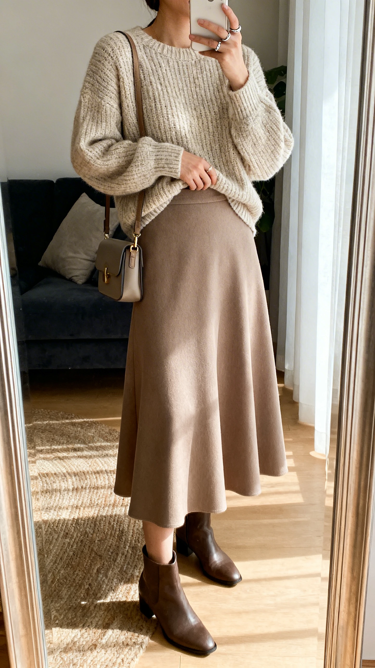 iPhone side-angle mirror selfie of a woman wearing a feminine midi A-line skirt with a chunky knit sweater half-tucked, ankle boots, small shoulder bag, and dainty ring stack; face not visible, cropped at neck, living room mirror, morning natural light, iPhone photo quality.