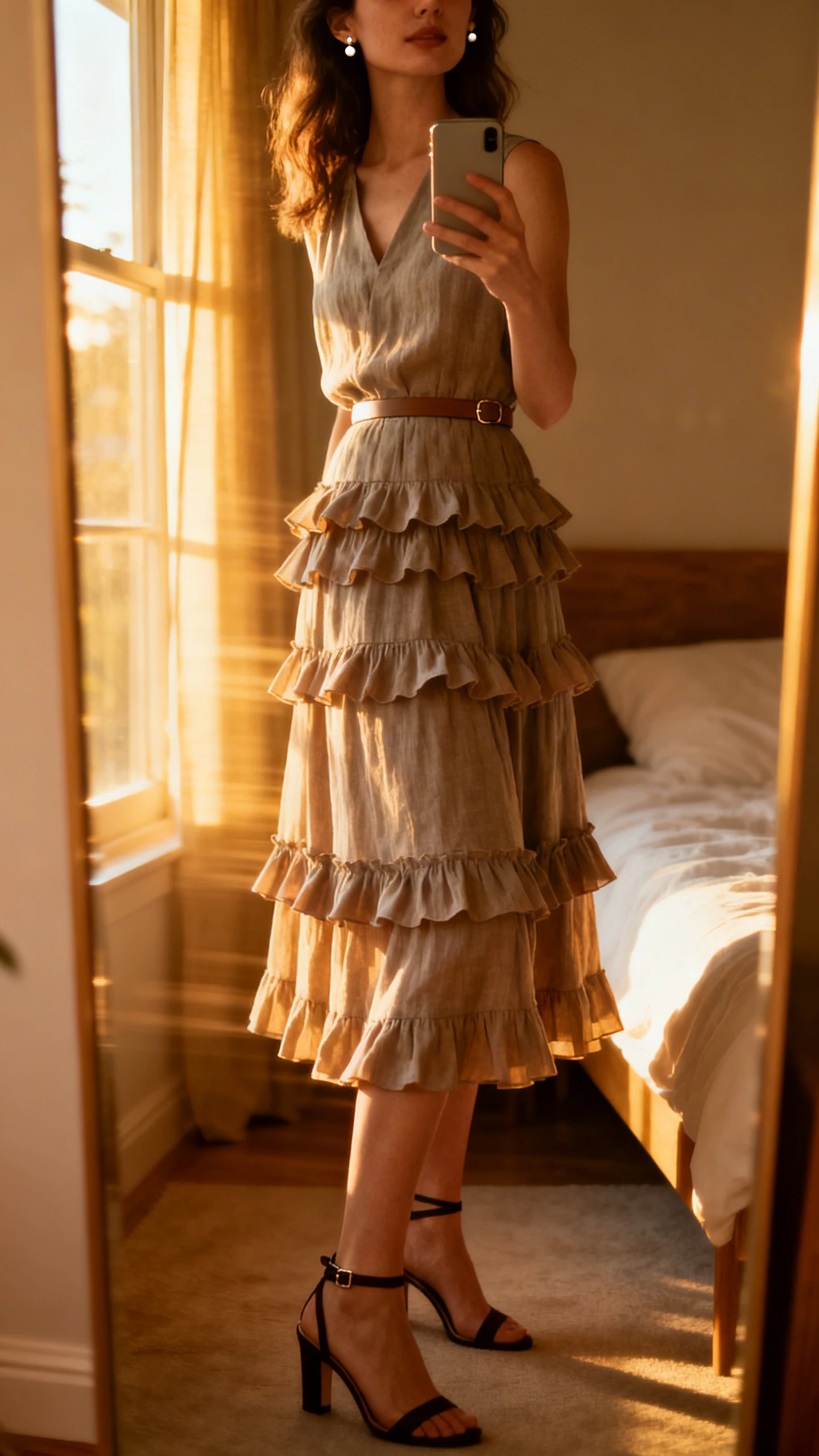 iPhone side-angle mirror selfie of a woman wearing a tiered midi dress with ruffled layers, ankle-strap heels, dainty stud earrings, and a slim belt at the waist, face not visible, bedroom full-length mirror, golden hour window light, iPhone photo quality
