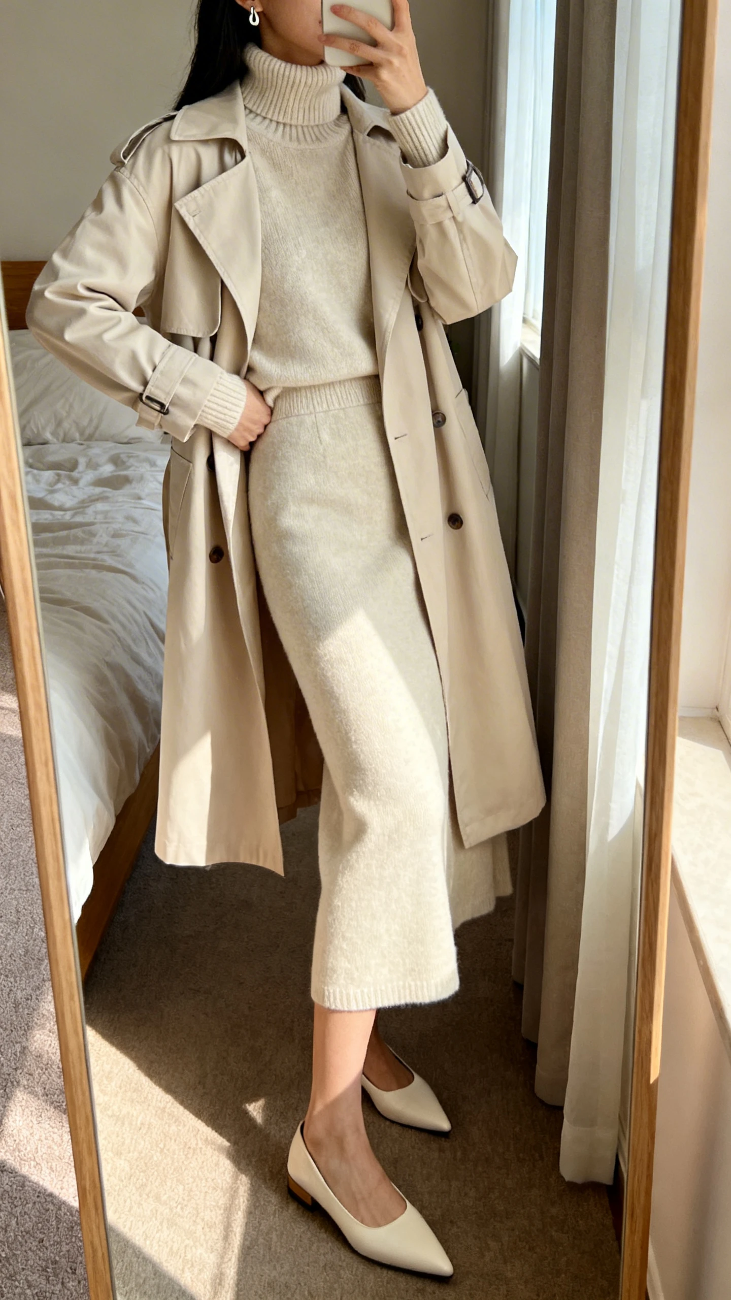iPhone side-angle mirror selfie of a woman wearing a monochrome look: lightweight turtleneck knit with a matching midi skirt and a coordinating trench, pointed flats, and minimal earrings, face not visible, bedroom mirror, soft morning light, iPhone photo quality