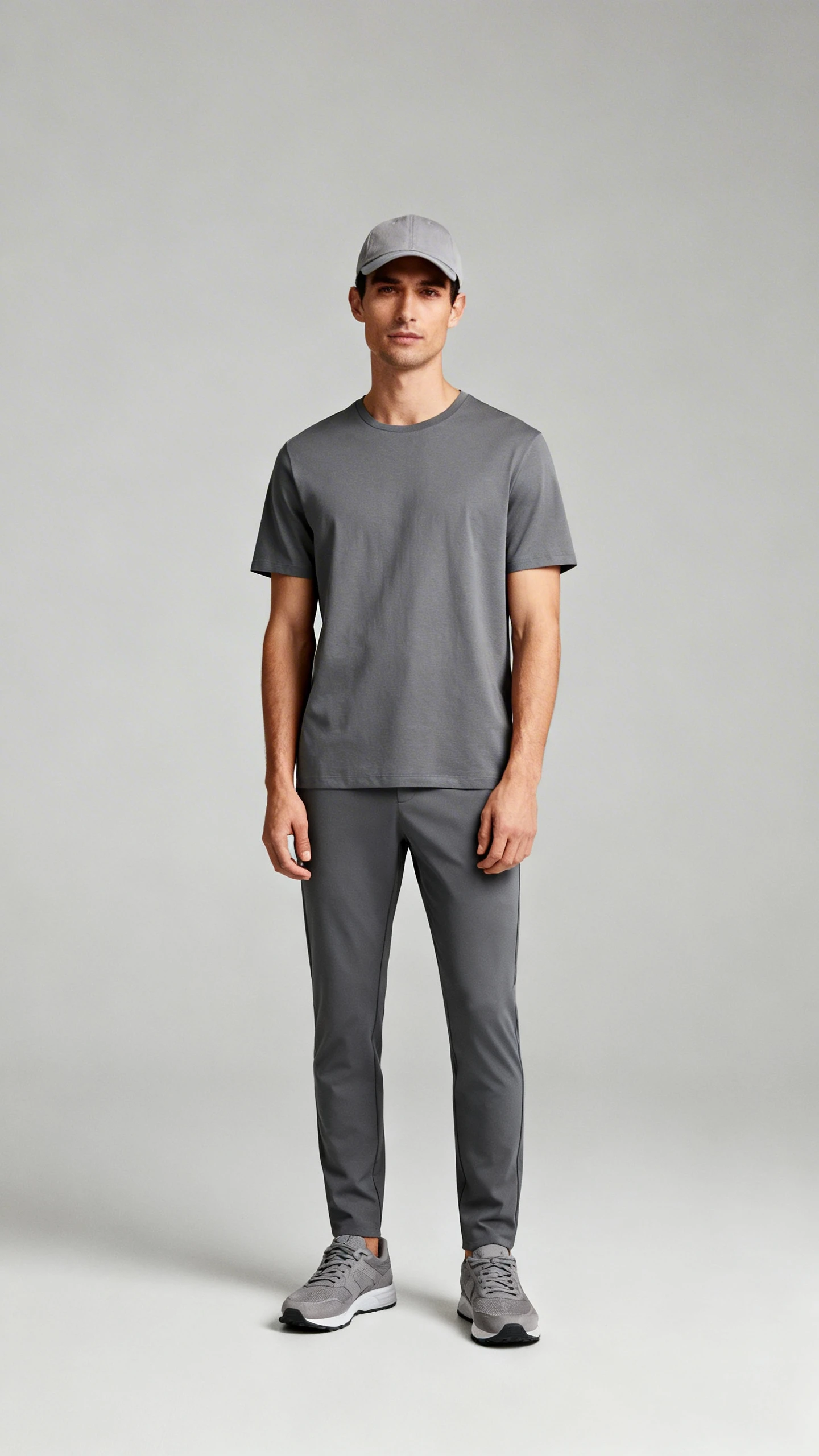Minimalist studio portrait of a man in a monochrome look: slate gray tee, matching slim trousers, tonal sneakers, and a lightweight cap, neutral gray background, studio lighting, straightforward stance, clean composition.