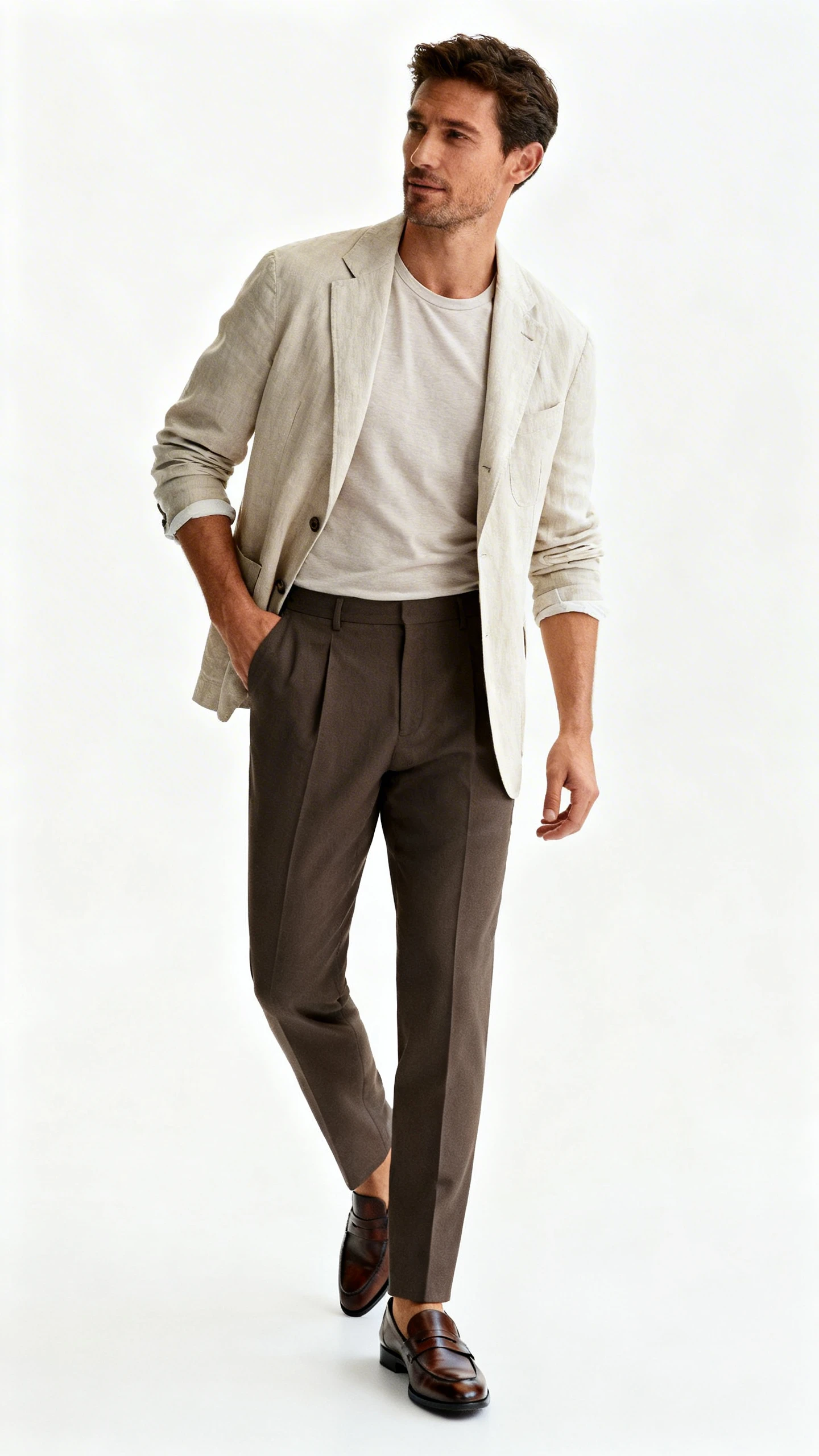 Studio fashion image of a man in a lightweight unstructured blazer over a breathable tee with tailored trousers and sleek leather loafers, white background, soft studio lighting, relaxed confident pose, clean composition, magazine-quality.