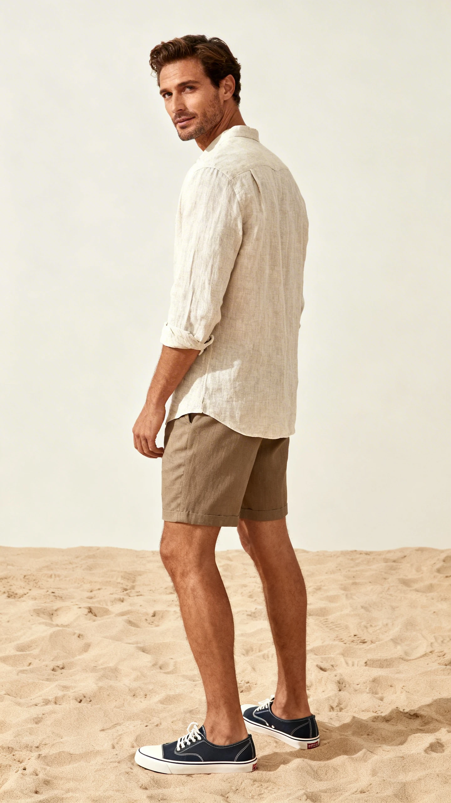 Studio fashion photo of a man in a linen-cotton shirt with tailored shorts and boat-ready deck shoes, sand background, soft studio lighting, casual stance with slight turn, clean composition.