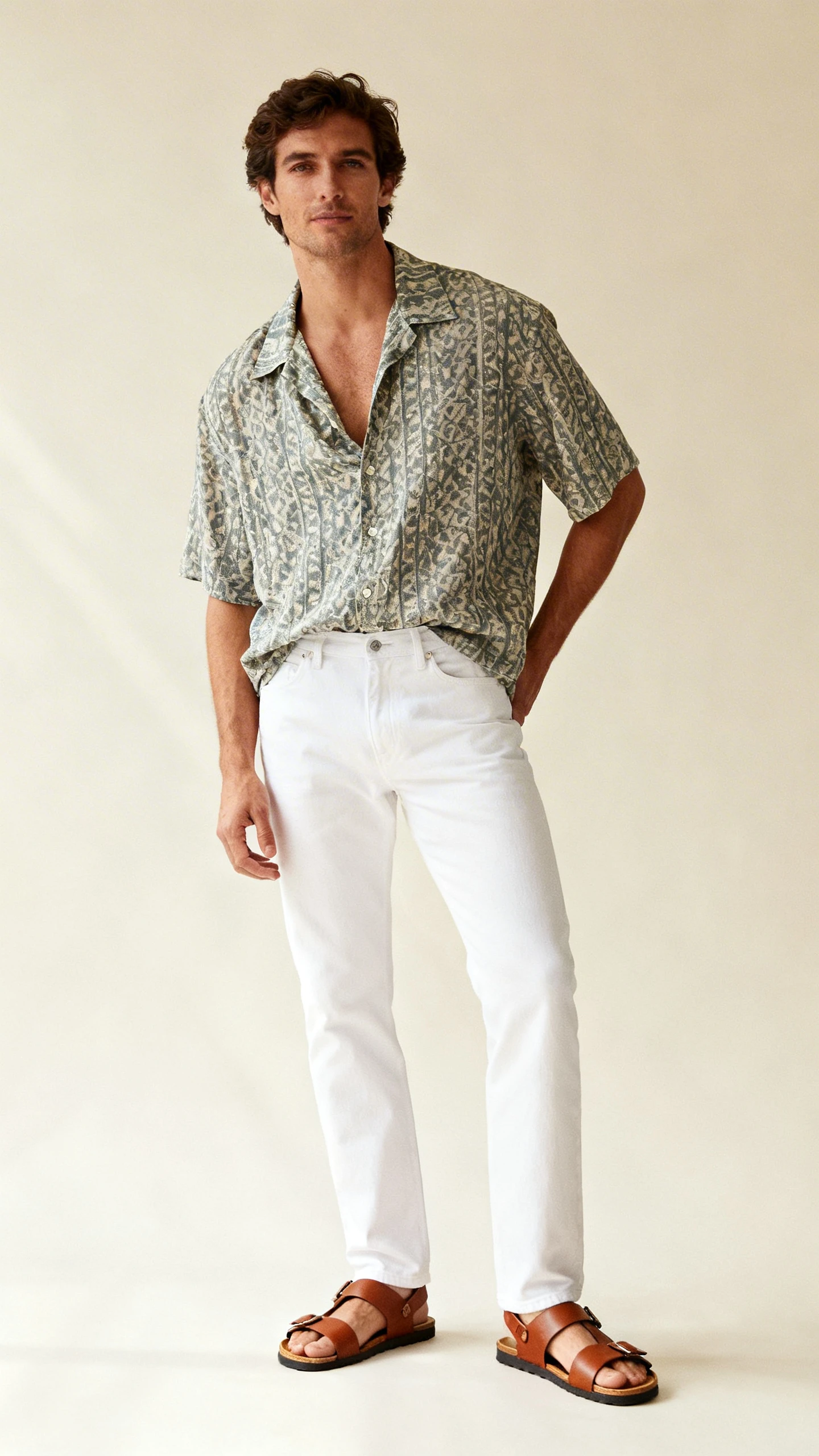 Studio fashion photo of a man wearing a breezy patterned camp-collar shirt tucked slightly into white jeans with brown leather sandals, cream background, soft studio lighting, relaxed natural pose, clean composition.