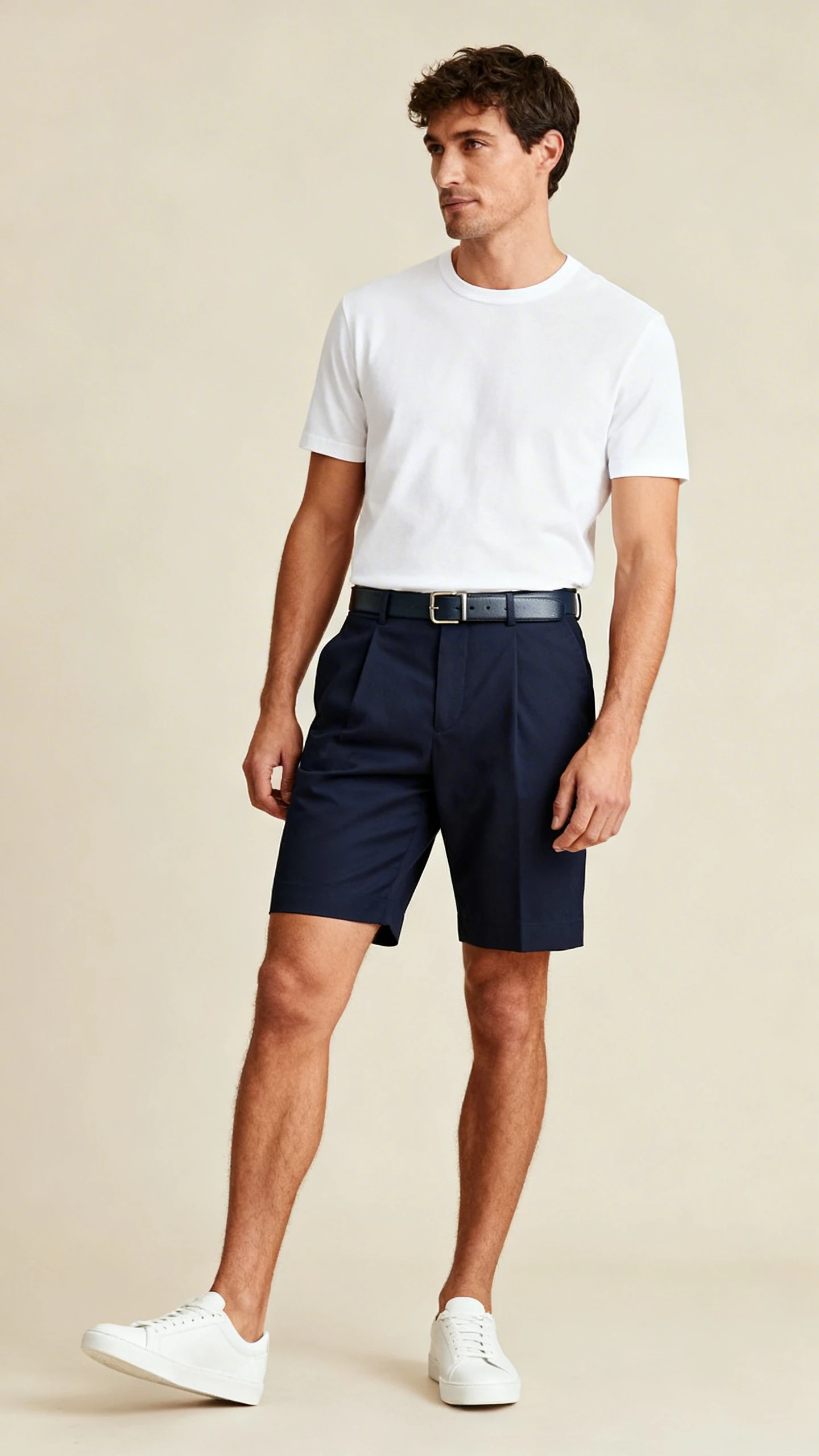 Studio fashion photo of a man wearing a crisp white crewneck t-shirt tucked into tailored navy shorts with a slim leather belt and clean white low-top sneakers, neutral beige background, soft studio lighting, professional natural pose, clean composition, high quality.