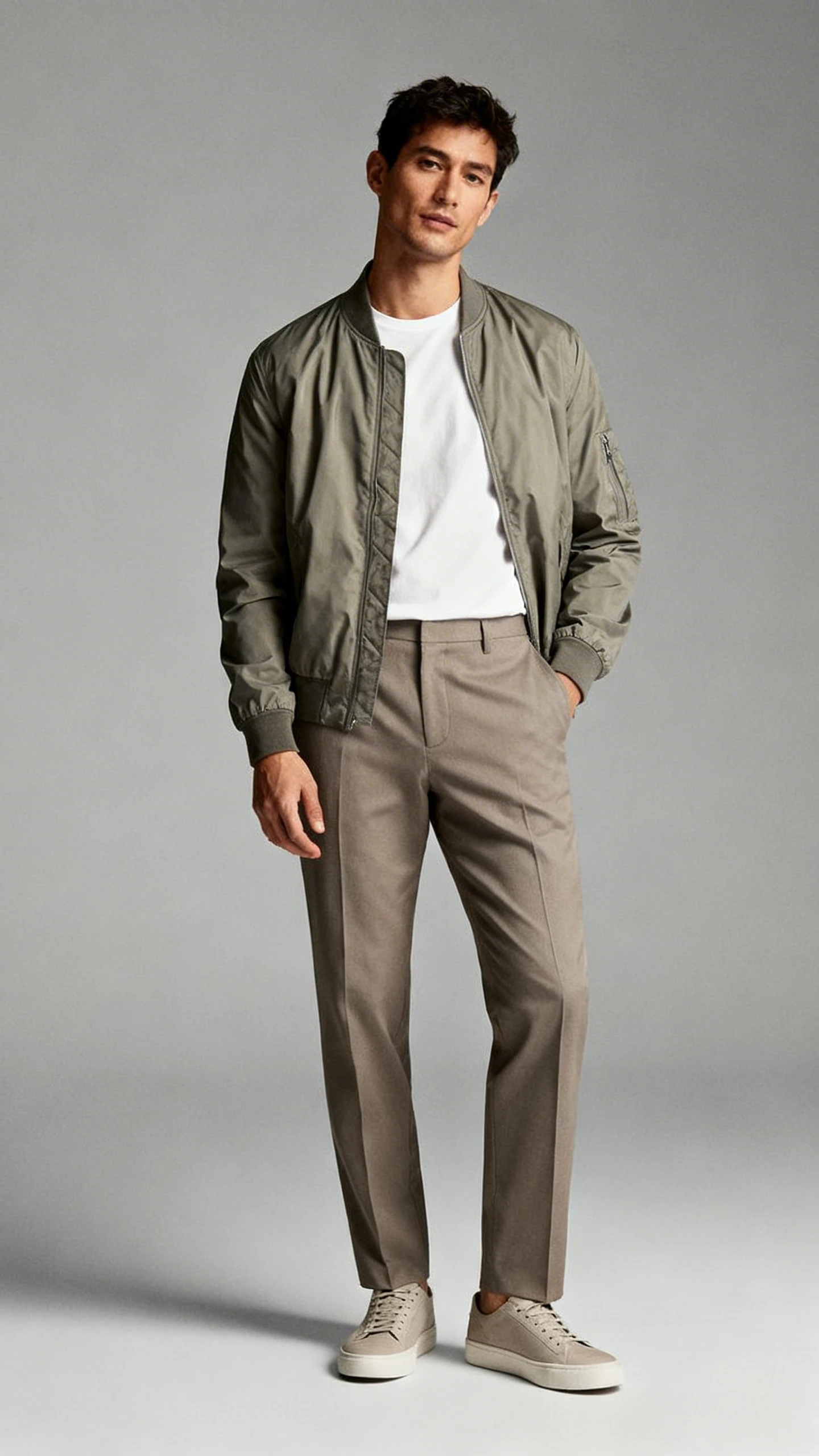 Studio fashion photo of a man wearing a lightweight bomber jacket over a crisp tee and tailored chinos with minimal sneakers, neutral gray background, studio lighting, professional natural pose, clean composition, high quality.
