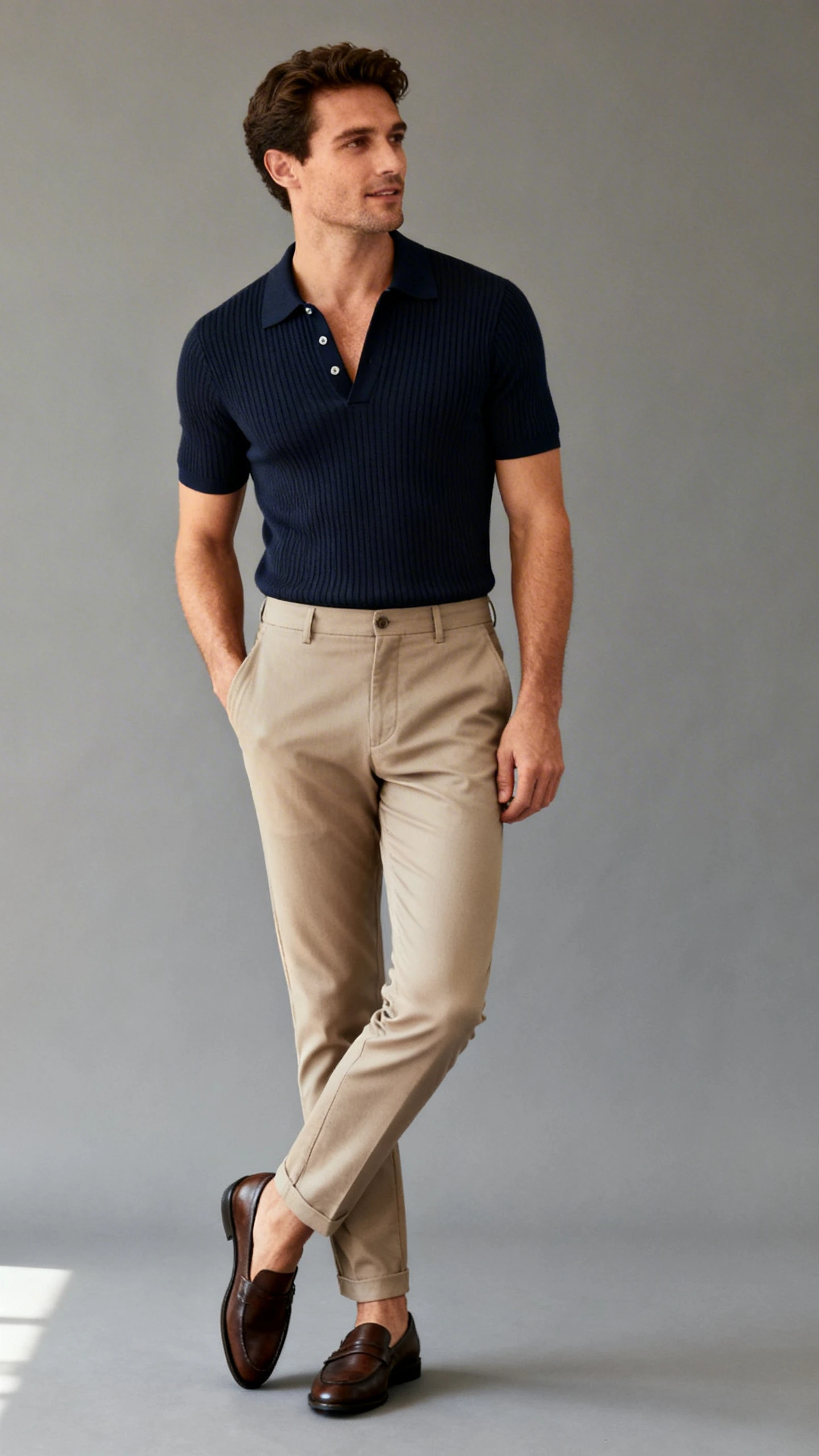 Studio portrait of a man in a fitted retro-style polo (open collar, fine knit) tucked into slim chinos with loafers, gray background, soft studio lighting, minimal setting, relaxed pose, clean and polished.