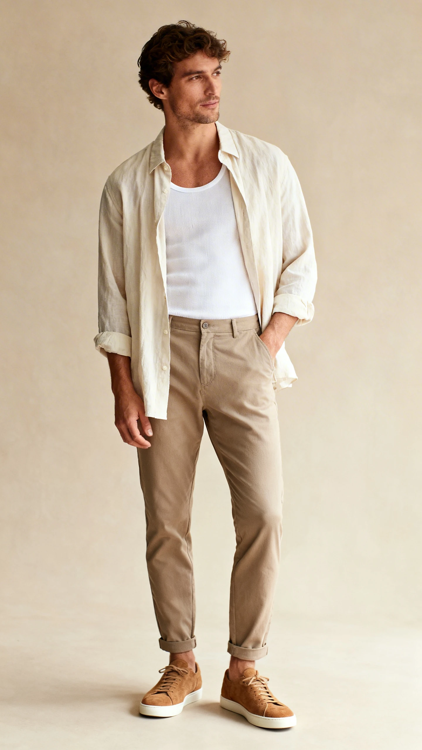 Studio shot of a man layering a lightweight breathable overshirt over a ribbed white tank, paired with tapered chinos and suede sneakers, sand-toned background, soft studio lighting, natural posture, clean composition.