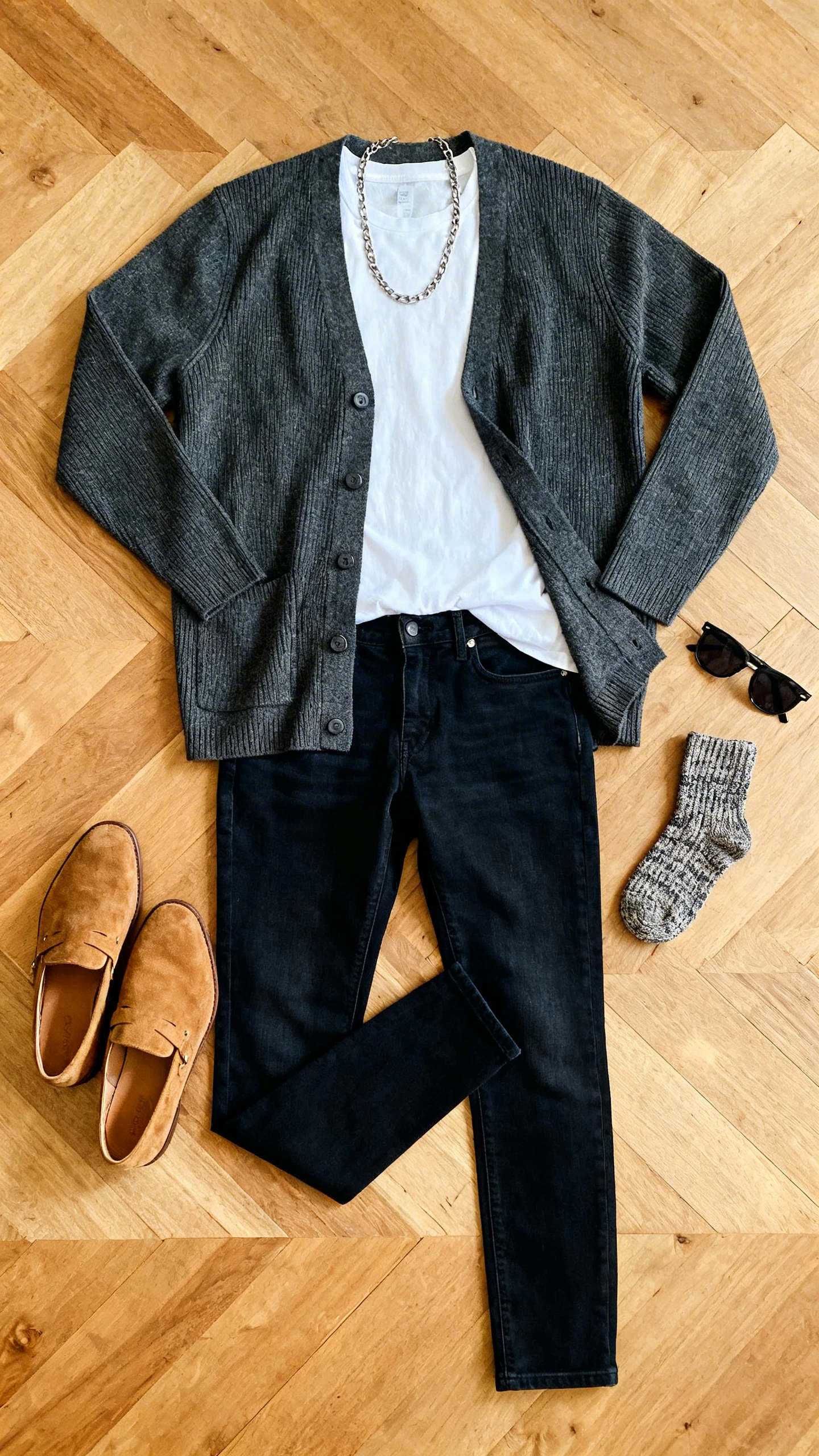 Top-down flat lay of a charcoal fine-gauge cardigan, white premium crewneck tee, dark slim jeans, tan suede loafers, minimal chain necklace, and textured socks, styled on a wooden floor with sunglasses as a prop, bright natural light, no person visible, clean organized composition, iPhone photo aesthetic.