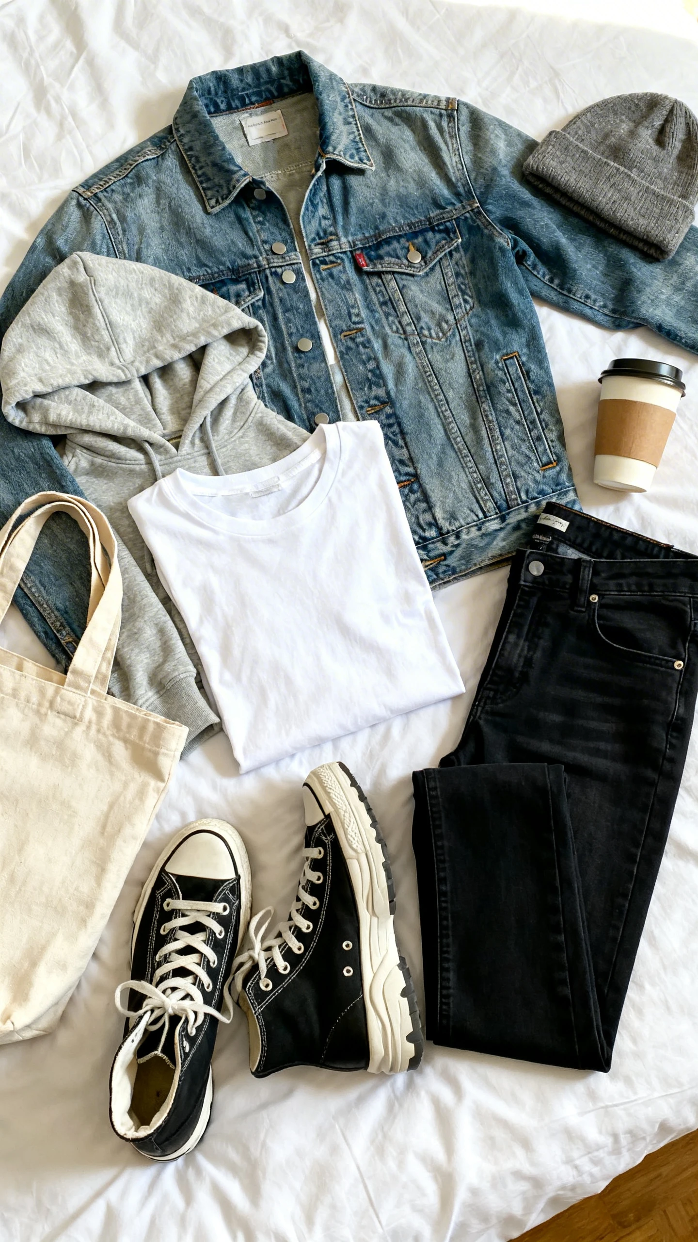 Top-down flat lay of a mid-wash denim trucker jacket, light grey lightweight hoodie, soft white cotton tee, slim black jeans, chunky high-top sneakers, canvas tote, and a beanie, arranged on a white bed with a takeaway coffee cup, bright natural light, no person visible, organized composition, iPhone photo aesthetic.