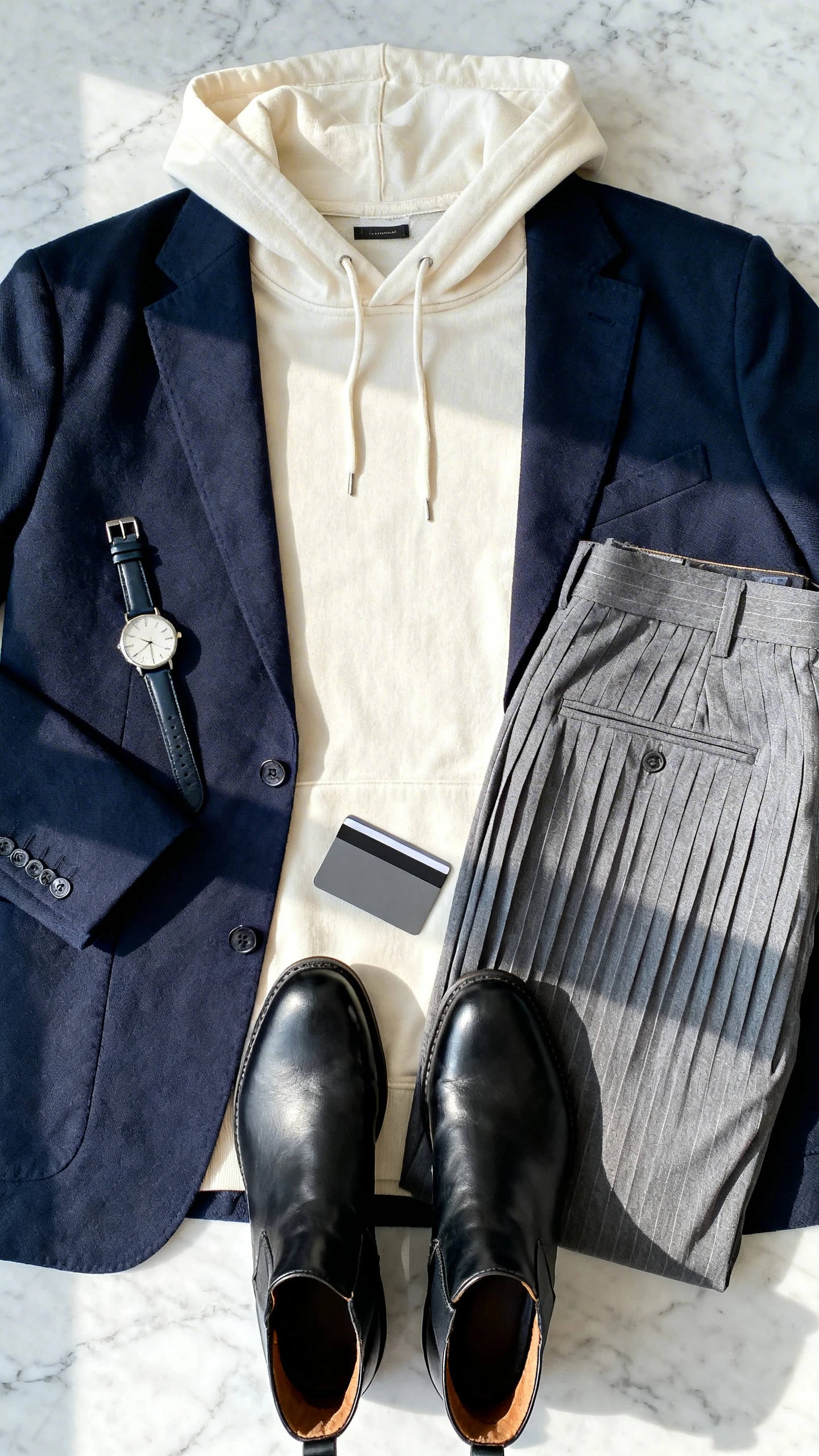 Top-down flat lay of a navy unstructured blazer, cream thin hoodie with minimal drawstrings, tailored pleated trousers in grey, black leather Chelsea boots, and a slim cardholder, arranged on a marble surface with a watch as prop, bright natural light, no person visible, clean organized composition, iPhone photo aesthetic.